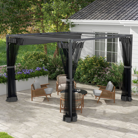 3 x 3m Aluminium Frame Pergola, with Retractable Roof - Dark Grey