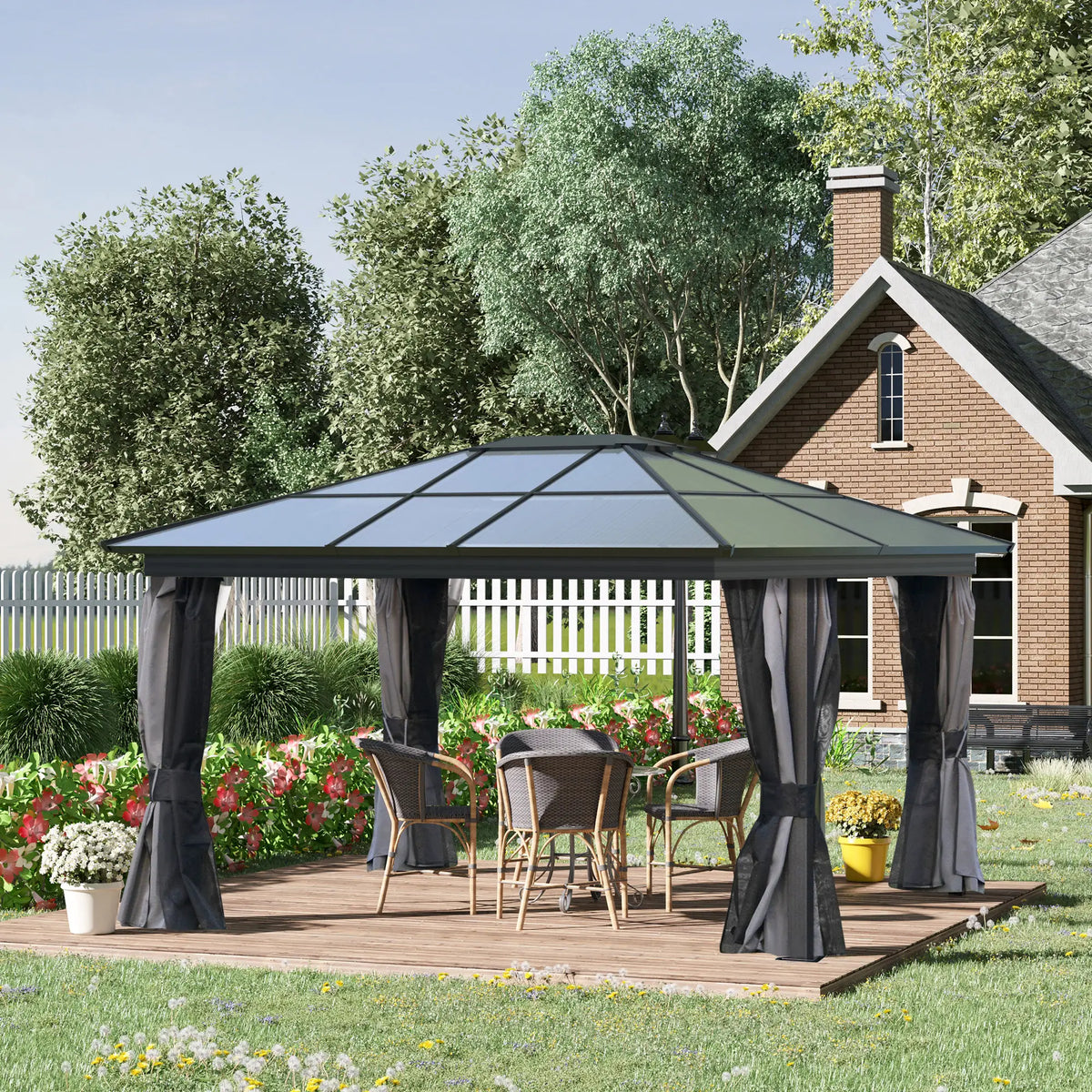 3.6m x 4.2m Aluminium Hardtop Gazebo with Polycarbonate Roof – Permanent Garden Pavilion with Curtains & Netting