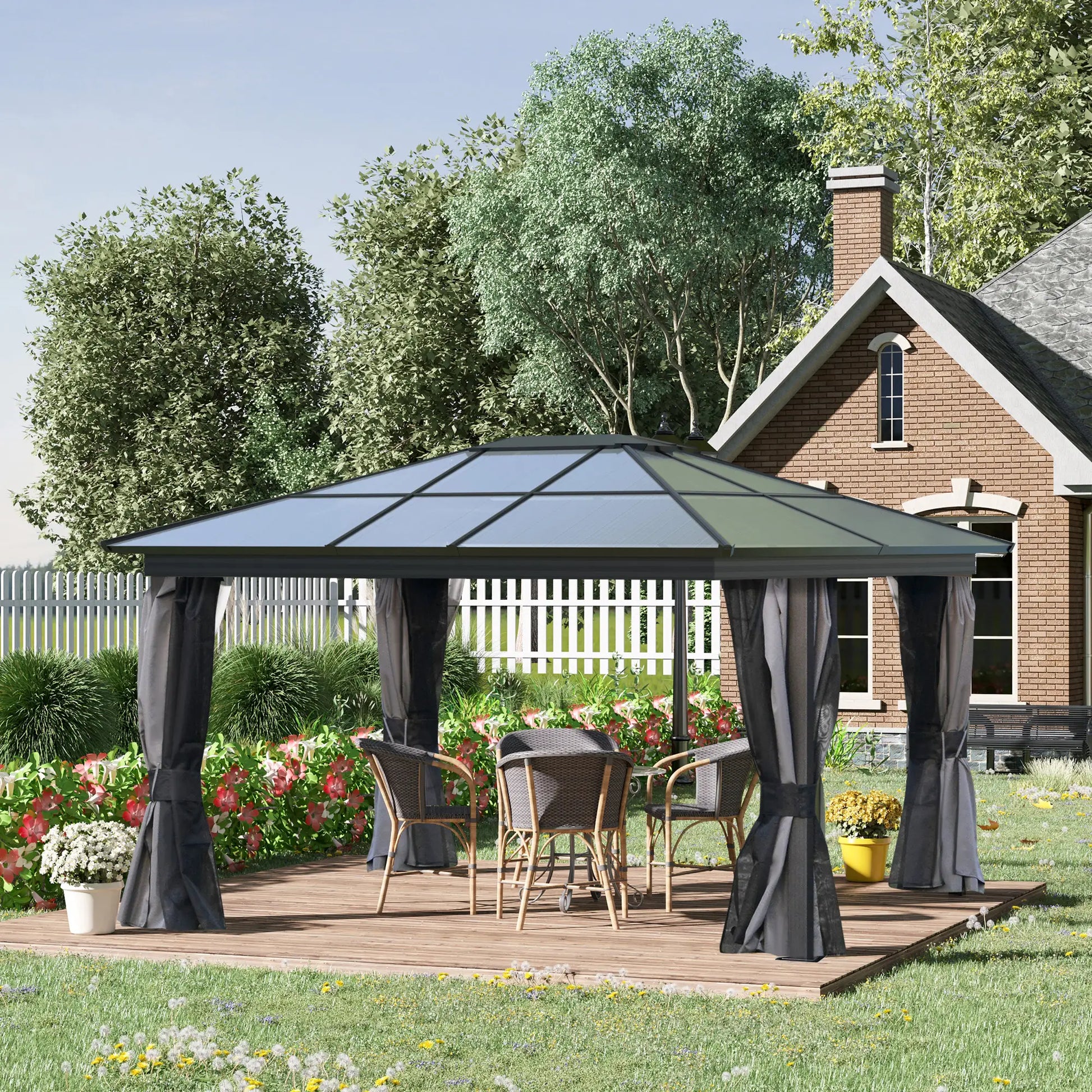 3.6m x 4.2m Aluminium Hardtop Gazebo with Polycarbonate Roof – Permanent Garden Pavilion with Curtains & Netting