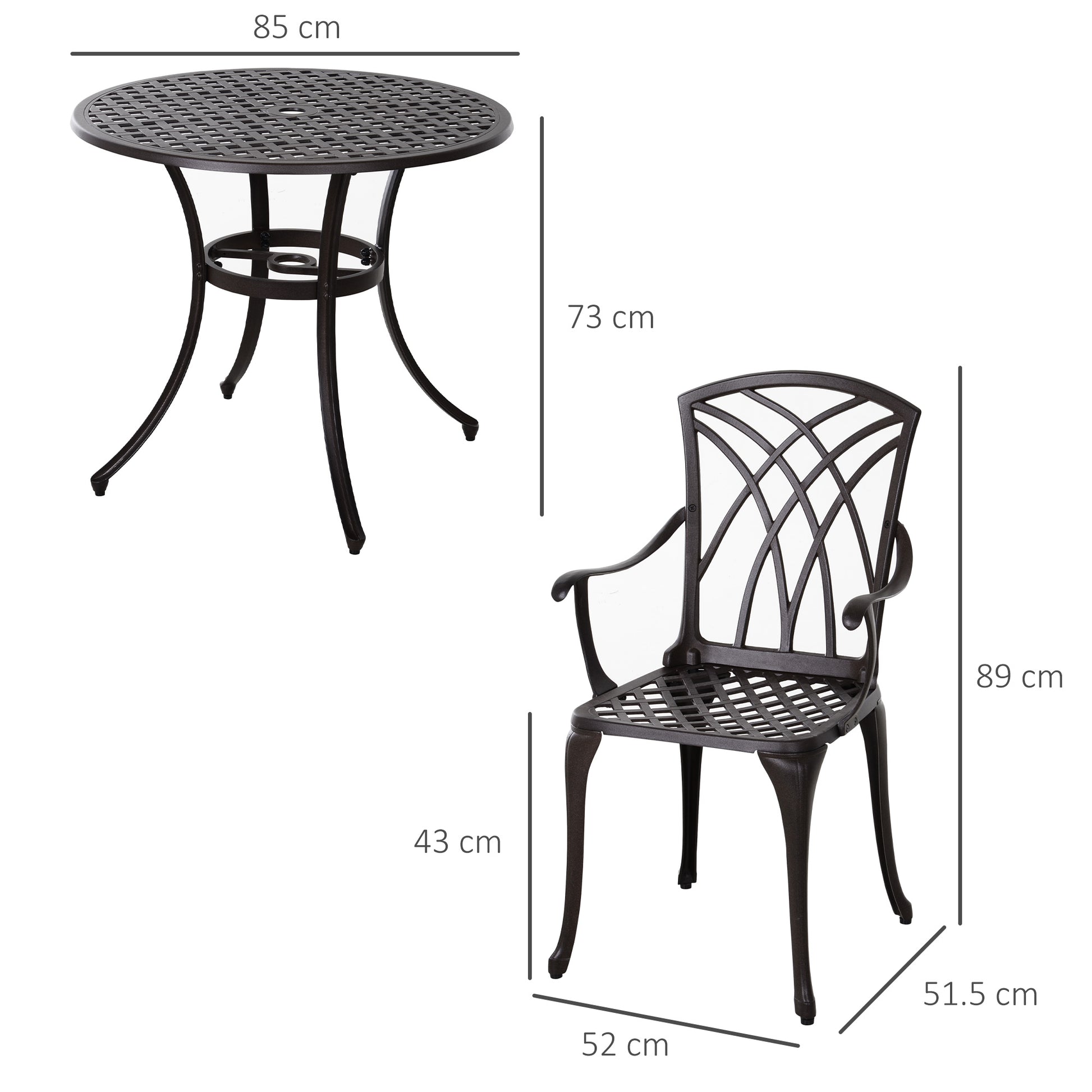 Outsunny 5 Pieces Garden Dining Set for 4, Cast Aluminium Outdoor Dining Set with 4 Armchairs and Round Dining Table with Parasol Hole, Garden Furniture Bistro Set, Brown