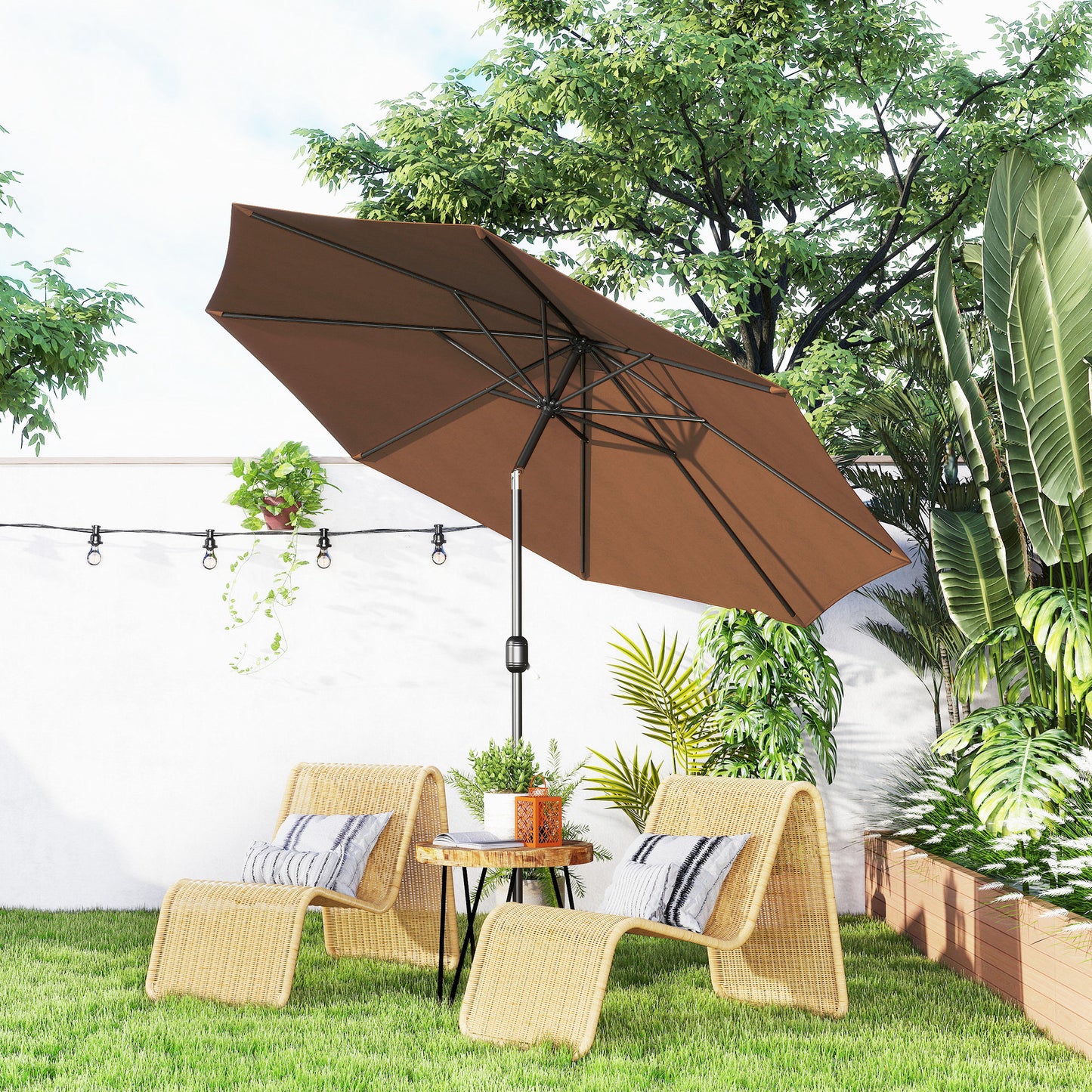 3(m) Tilting Parasol Garden Umbrellas, Outdoor Sun Shade with 8 Ribs, Tilt and Crank Handle for Balcony