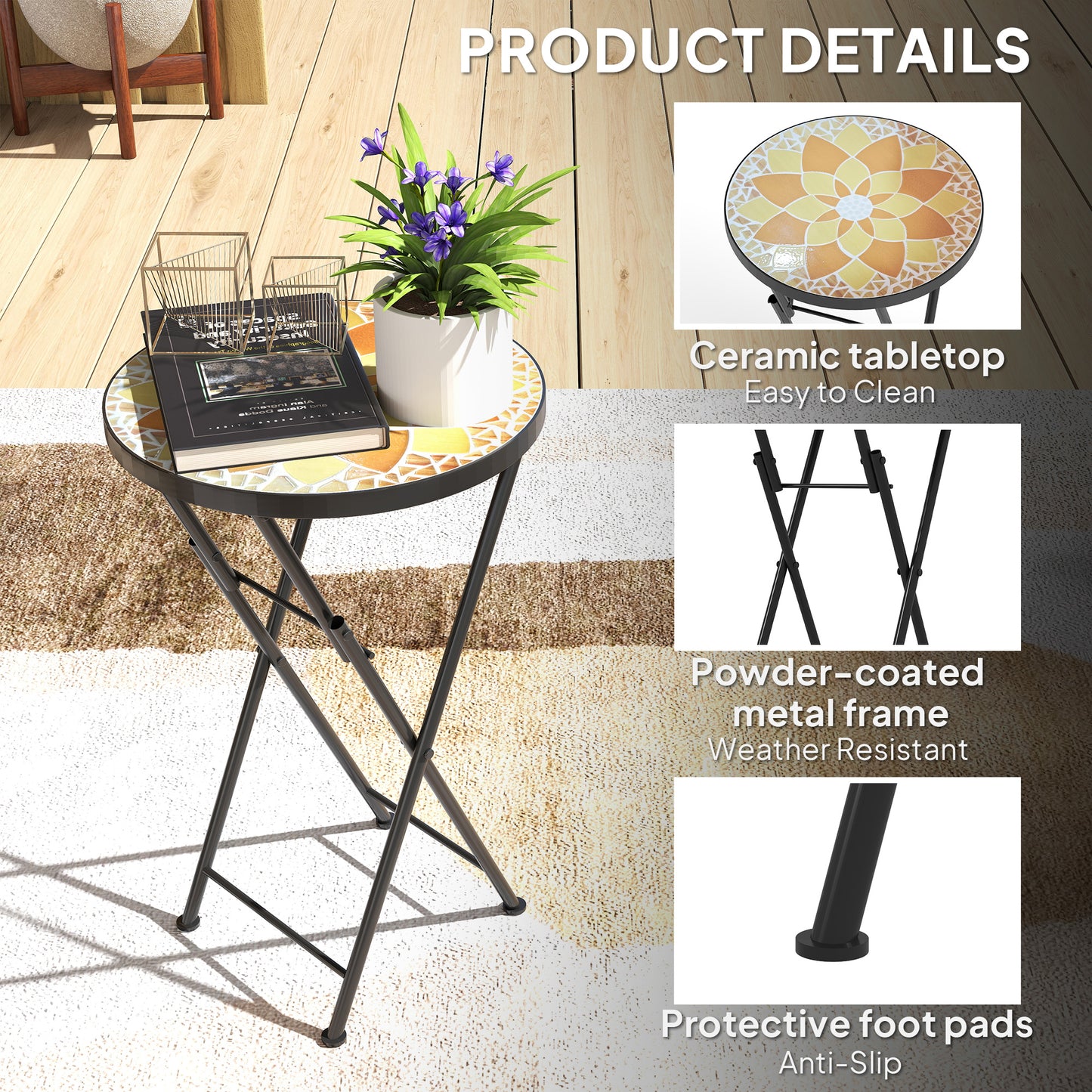 Outsunny Mosaic Outdoor Garden Table, 35.5cm Round Folding Coffee Table with Metal Frame for Balcony Terrace, Yellow