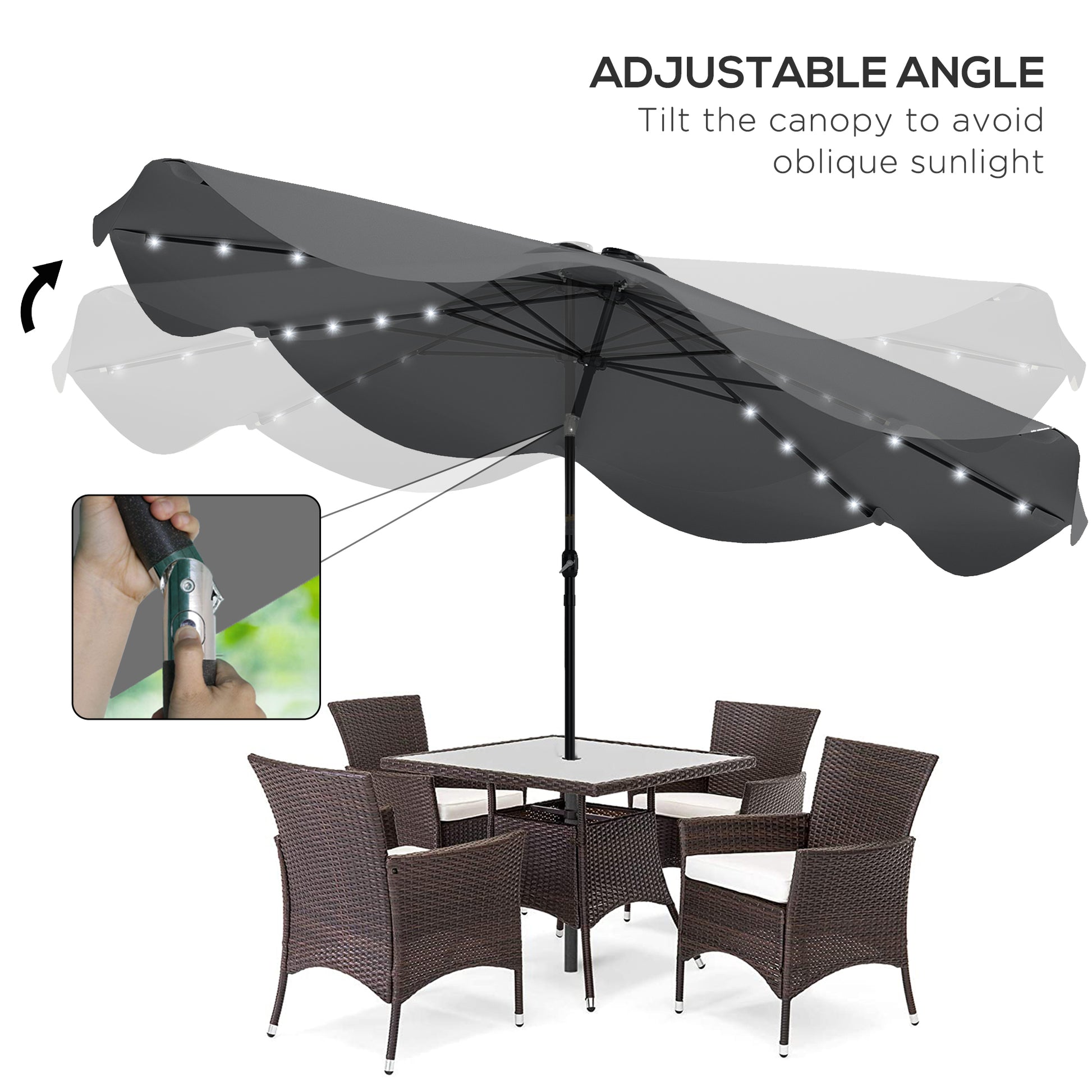 Outsunny Solar Patio Umbrella with LED and Tilt, Outdoor Market Table Umbrella Parasol with Crank, 3 x 3 (m), Dark Grey
