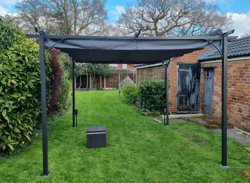 3.5m x 3.5m Grey Metal Pergola with Retractable Canopy – Outdoor Garden Sun Shade Shelter
