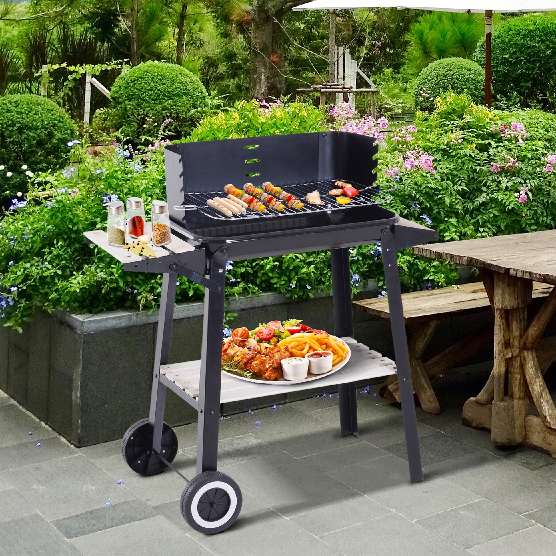 Trolley Charcoal BBQ Barbecue Grill Outdoor Patio Garden Heating Smoker with Side Trays Storage Shelf and Wheels