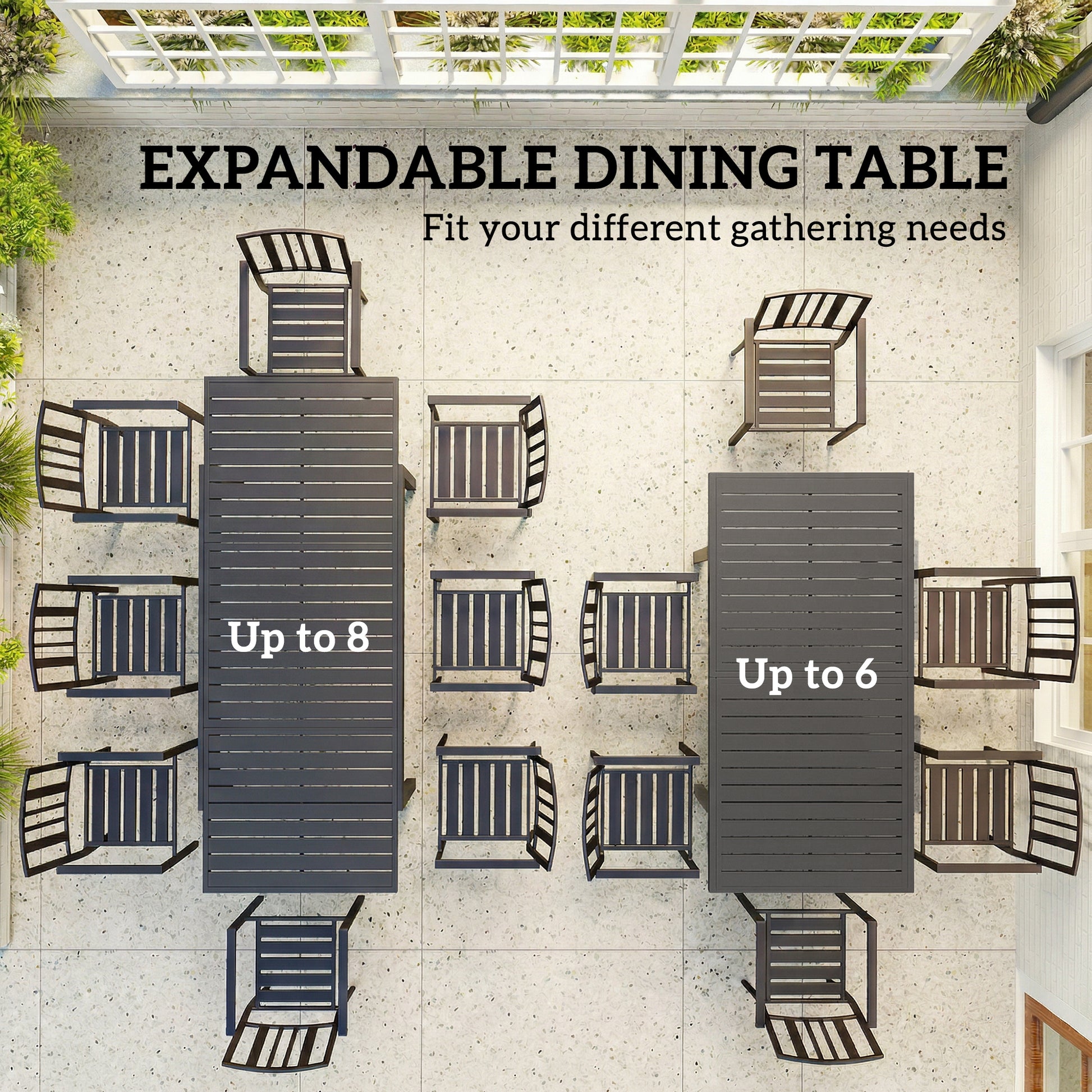 Outsunny Extending Garden Table for 6-8 People, Full Aluminium Outdoor Dining Table with Slatted Top, Dark Grey