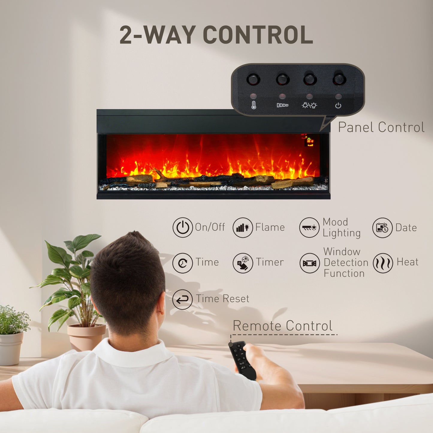 HOMCOM 1800W 15-40°C Adjustable Flame Glass Panel Convector Heater, 127cm