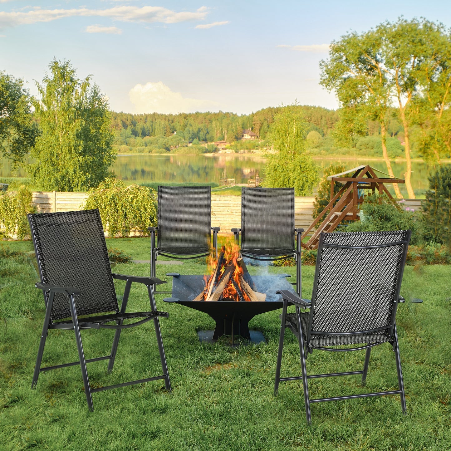 Set of 4 Folding Garden Chairs, Metal Frame Garden Chairs Outdoor Patio Park Dining Seat with Breathable Mesh Seat, Black