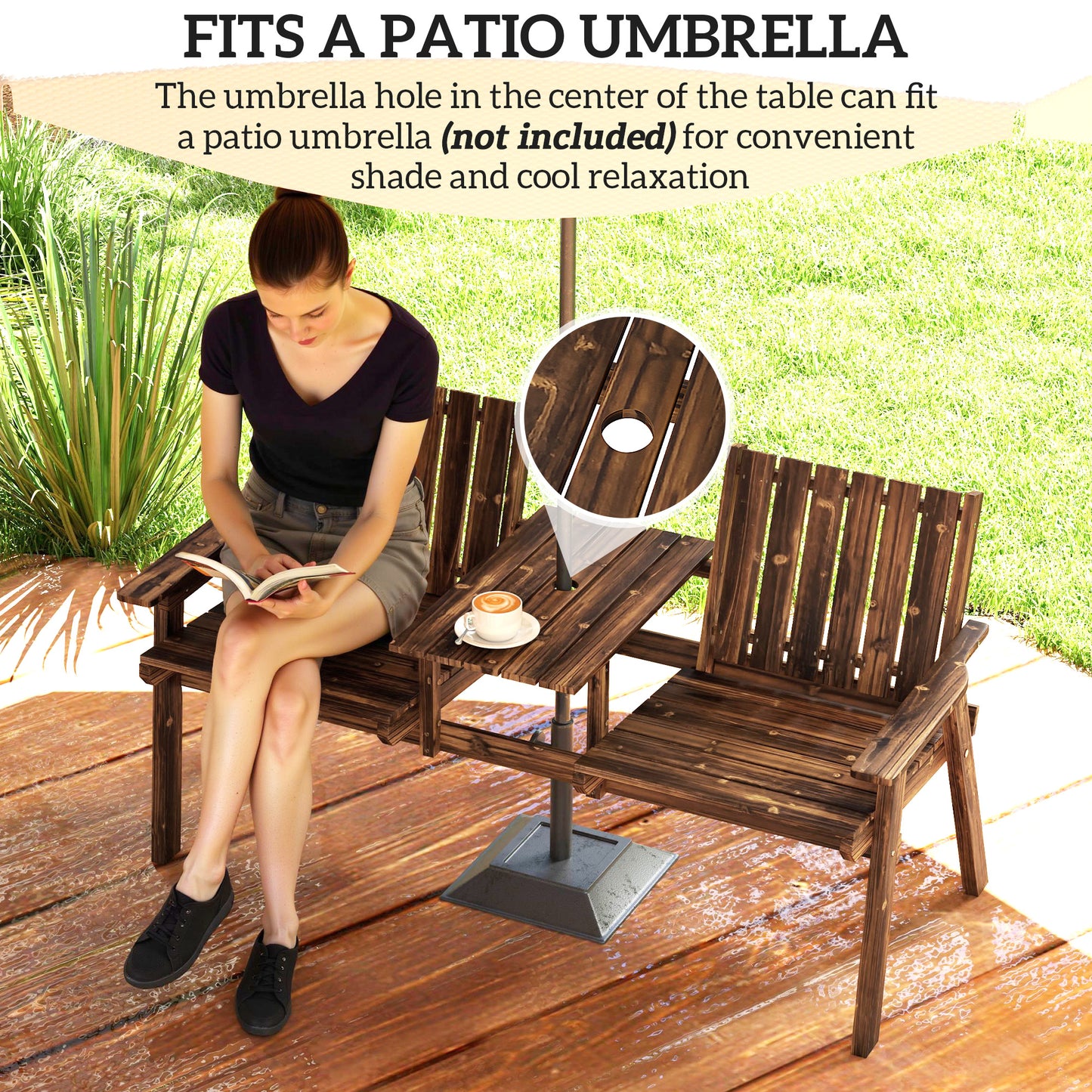 Outsunny 2-Seater Garden Loveseat with Table and Parasol Hole for Porch, Patio, Carbonised Finish