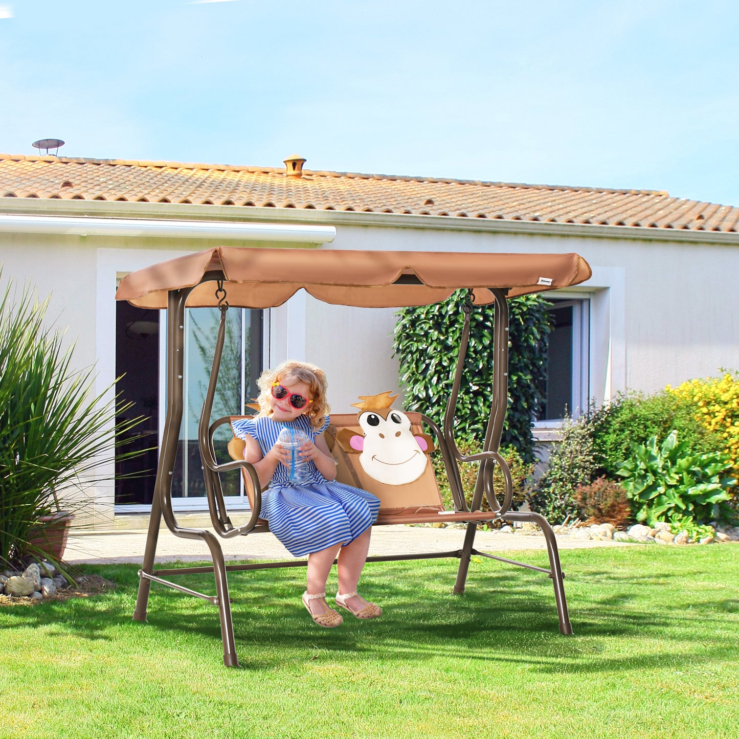 Ibiza 2 Seater Kids Garden Swing Seat, Children Garden Lounge Chair for Gardens w/ Adjustable Awning, Seatbelt
