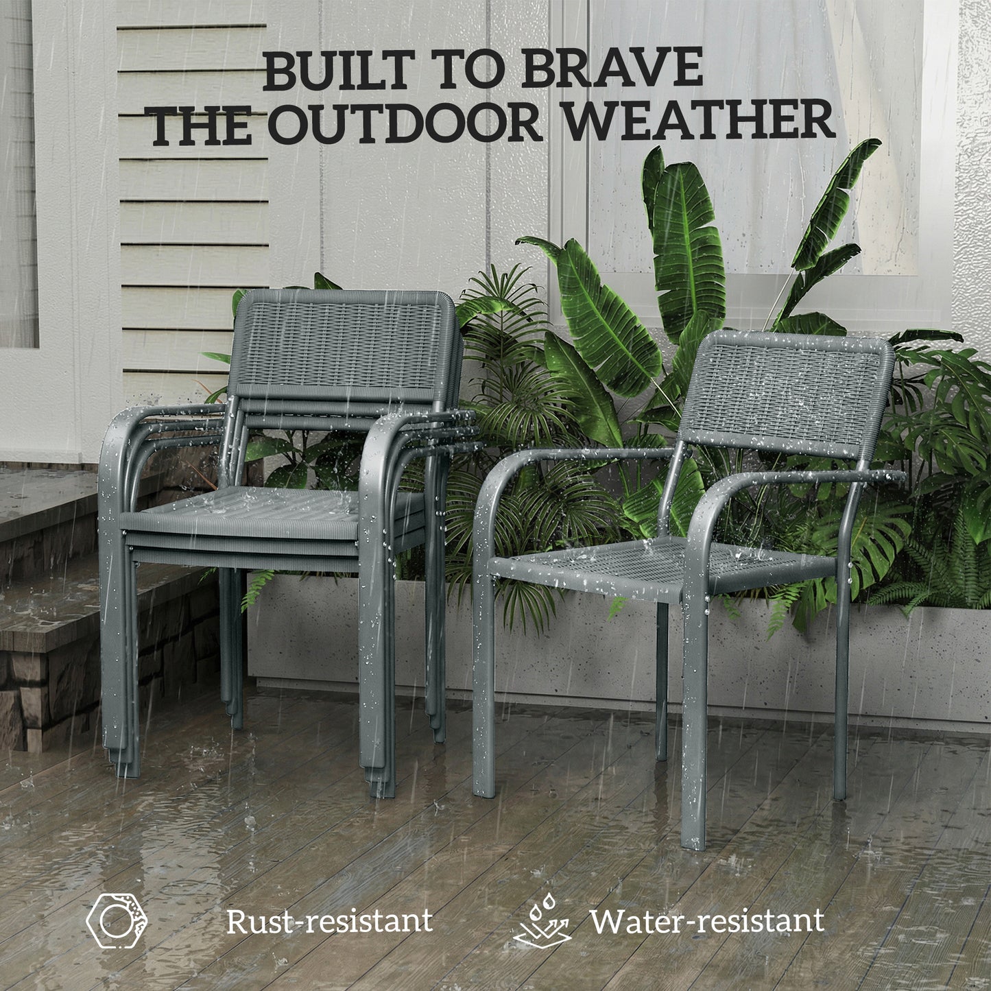 Outsunny Stackable Garden Chairs Set of 4, Rattan Effect Outdoor Dining Chairs, Light Grey