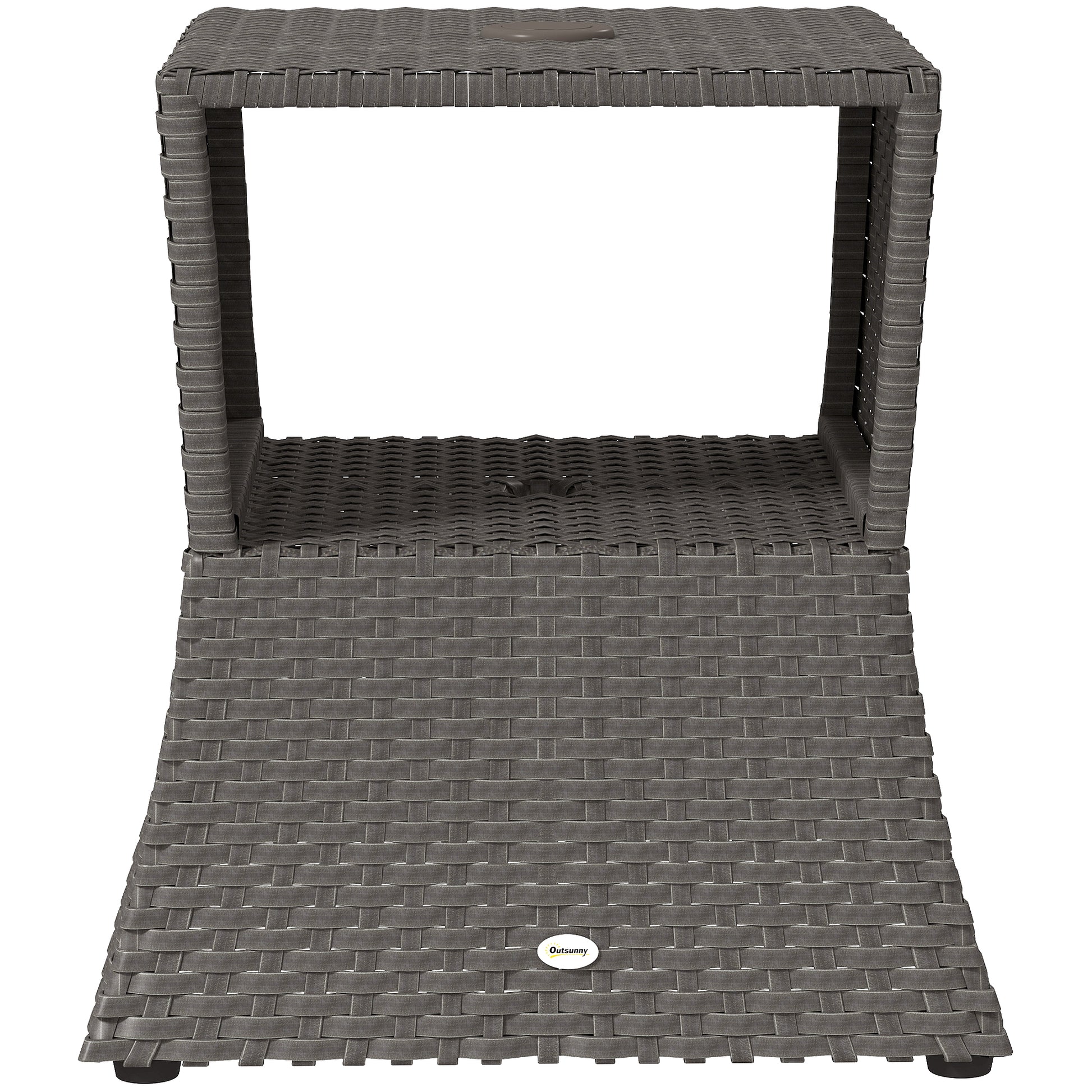 Outsunny Rattan Outdoor Coffee Table, Wicker Garden Patio Bistro Side Table with Umbrella Hole and Storage Space, Dark Grey