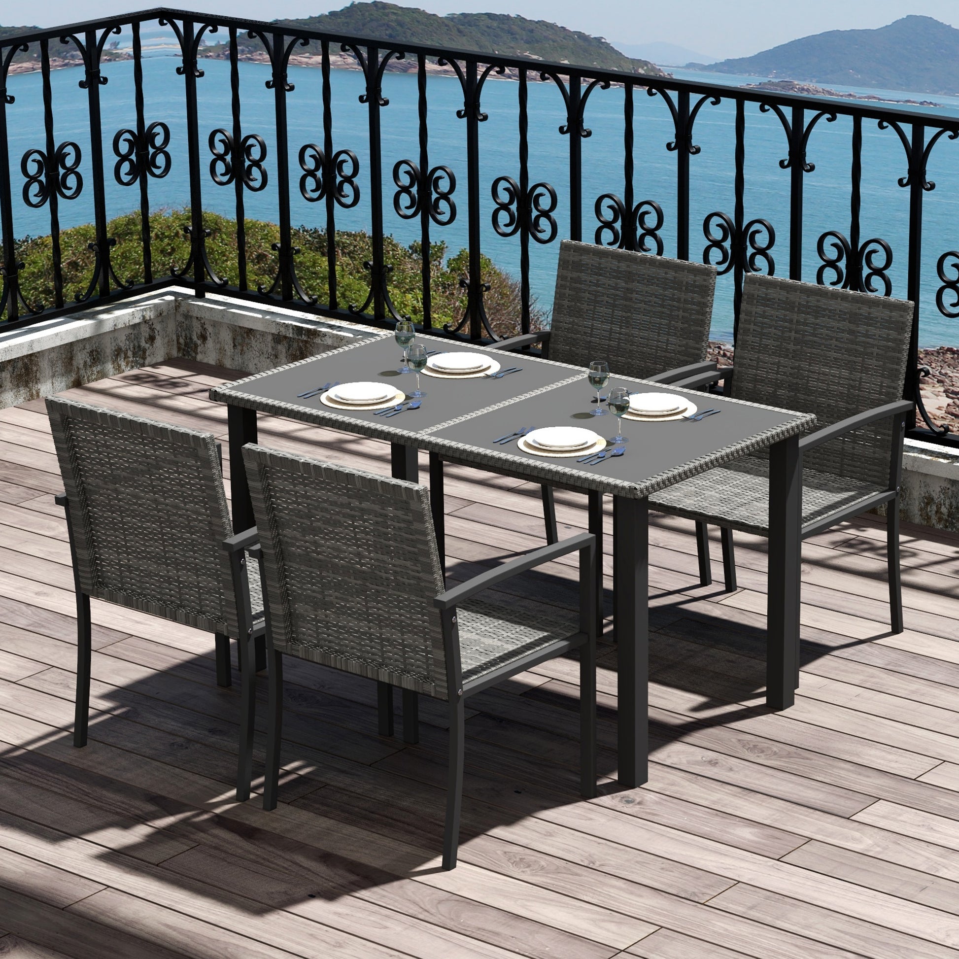 Riviera Garden Dining Set 5 Pieces Patio Conservatory with Tempered Glass Tabletop,4 Dining Chairs - Grey