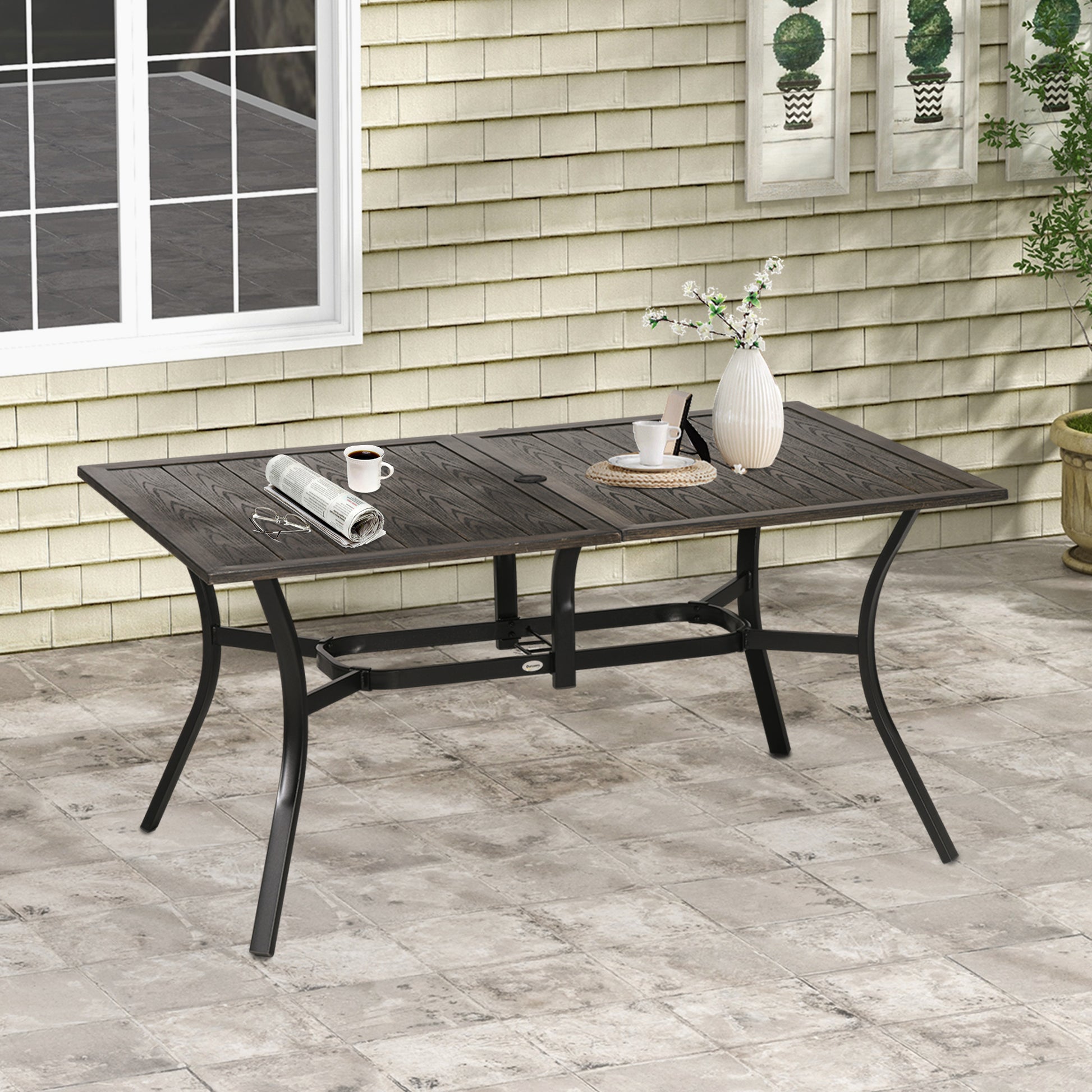 Sorrento Six-Seater Steel Garden Table, with ⌀41mm Parasol Hole - Wood-Effect