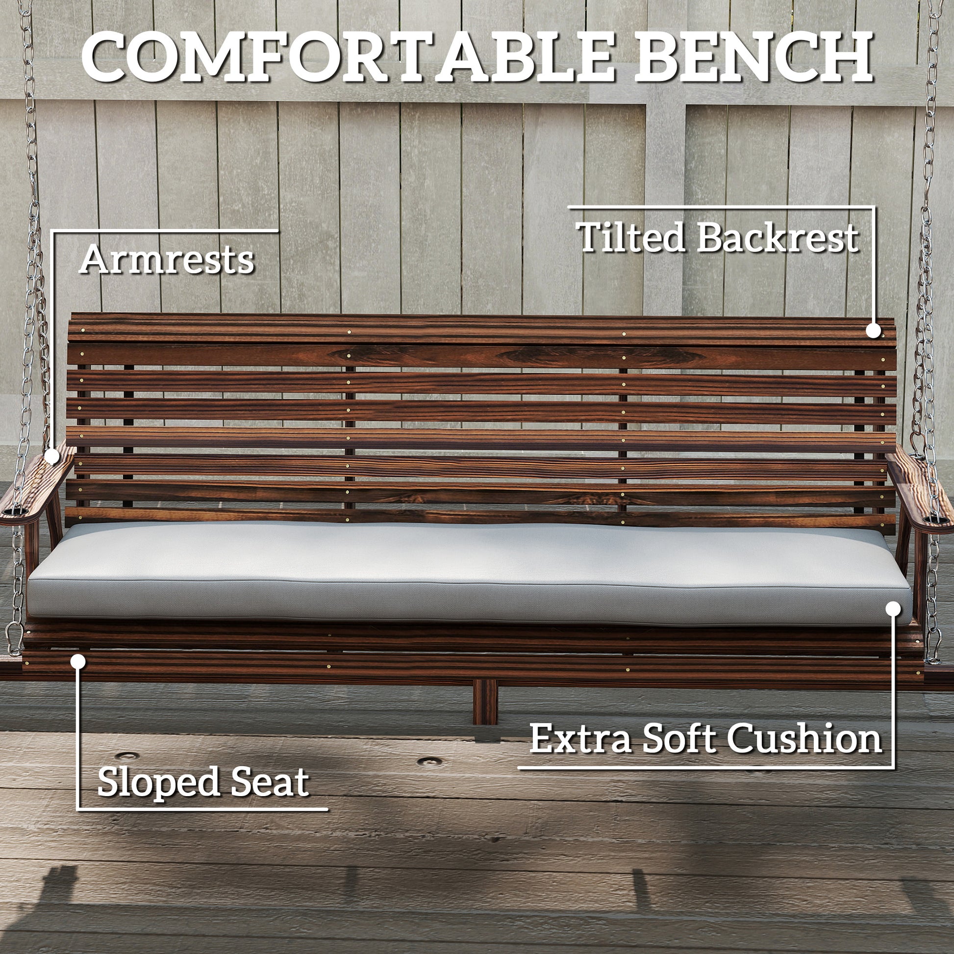 Outsunny 3 Seater Garden Swing Seat, Wooden Swing Chair Bench with Cushion, Side Trays and Metal Chains, for Outdoor Porch Patio, Carbonised Brown