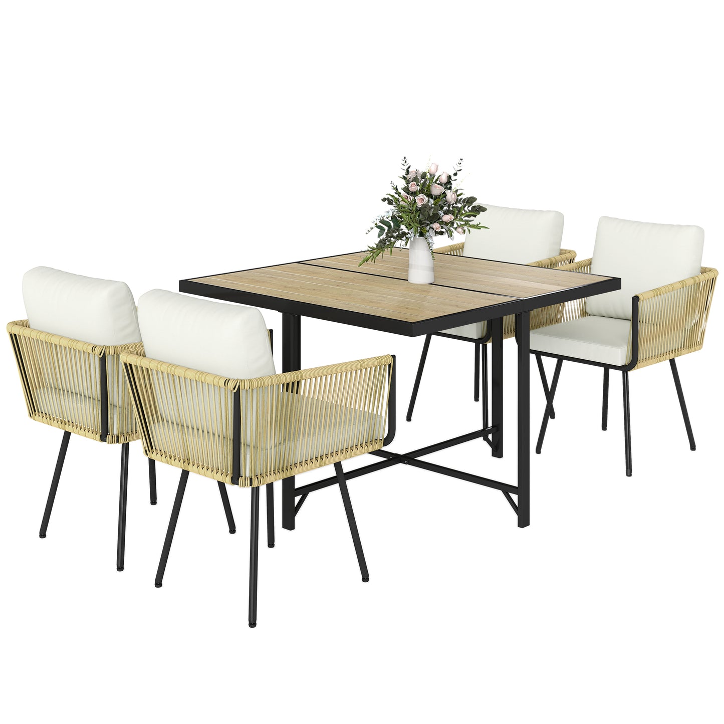 Outsunny 5 Piece Garden Furniture Set, Garden Dining Set with Wood-Plastic Table and 4 Armchairs, Beige
