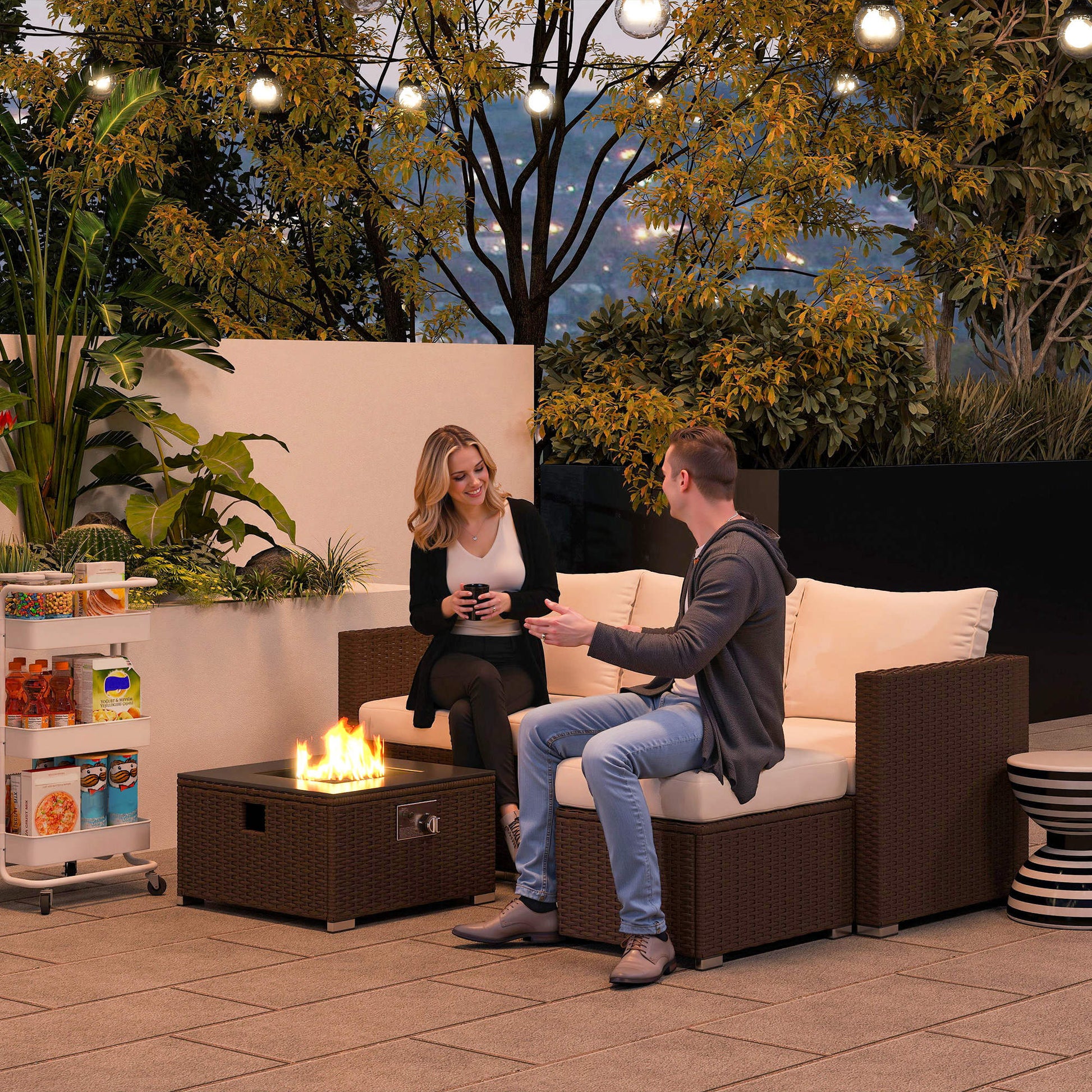 Marbella Five Piece Rattan Garden Furniture Set with Gas Fire Pit Table and Footstool - Brown and Cream White