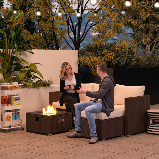 Marbella Five Piece Rattan Garden Furniture Set with Gas Fire Pit Table and Footstool - Brown and Cream White