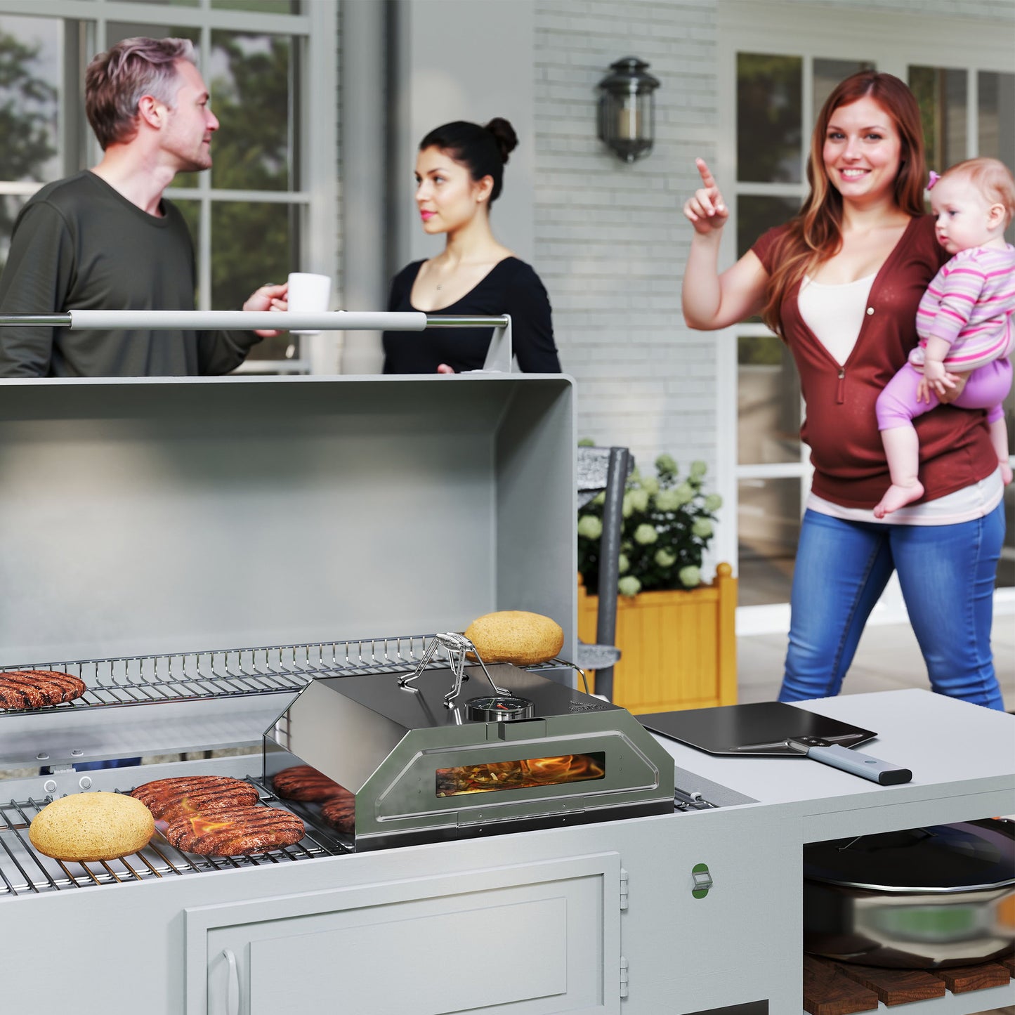 8 in Portable Stainless Steel BBQ Top Pizza Oven with Built-in Thermometer and Viewing Window for Gas