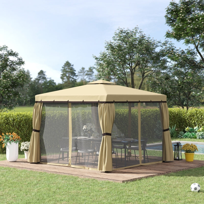 3m x 3m Beige Double – Tier Water – Resistant Garden Gazebo with Mesh Curtains, Metal Frame & Ground Fixing Kit