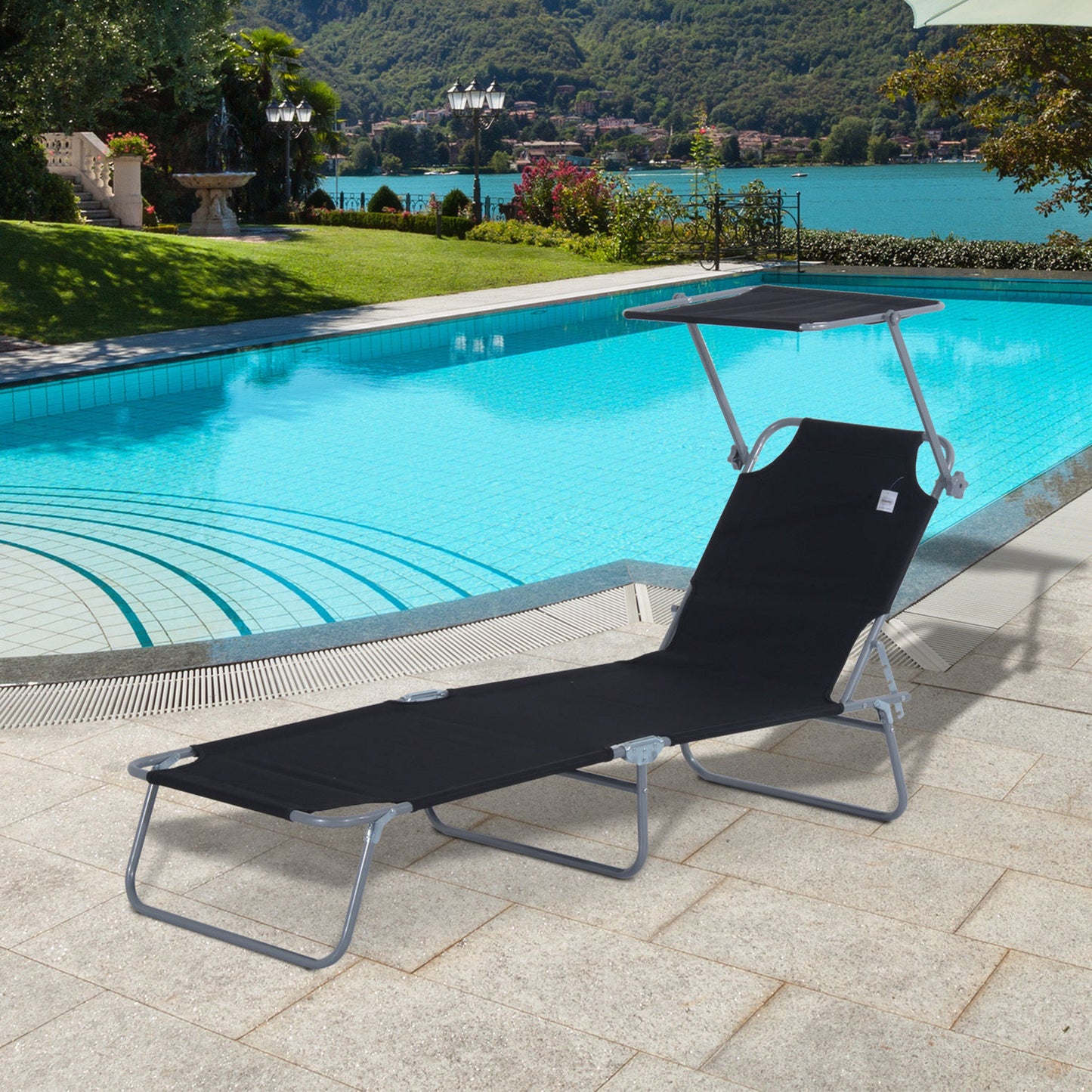 Outdoor Foldable Sun Lounger, 4 Level Adjustable Backrest Reclining Sun Lounger Chair with Angle Adjust Sun Shade Awning for Beach, Garden,