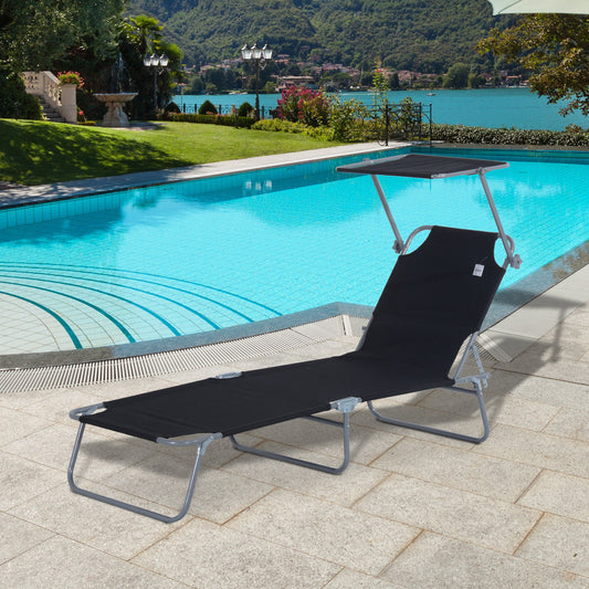 Outdoor Foldable Sun Lounger, 4 Level Adjustable Backrest Reclining Sun Lounger Chair with Angle Adjust Sun Shade Awning for Beach, Garden,