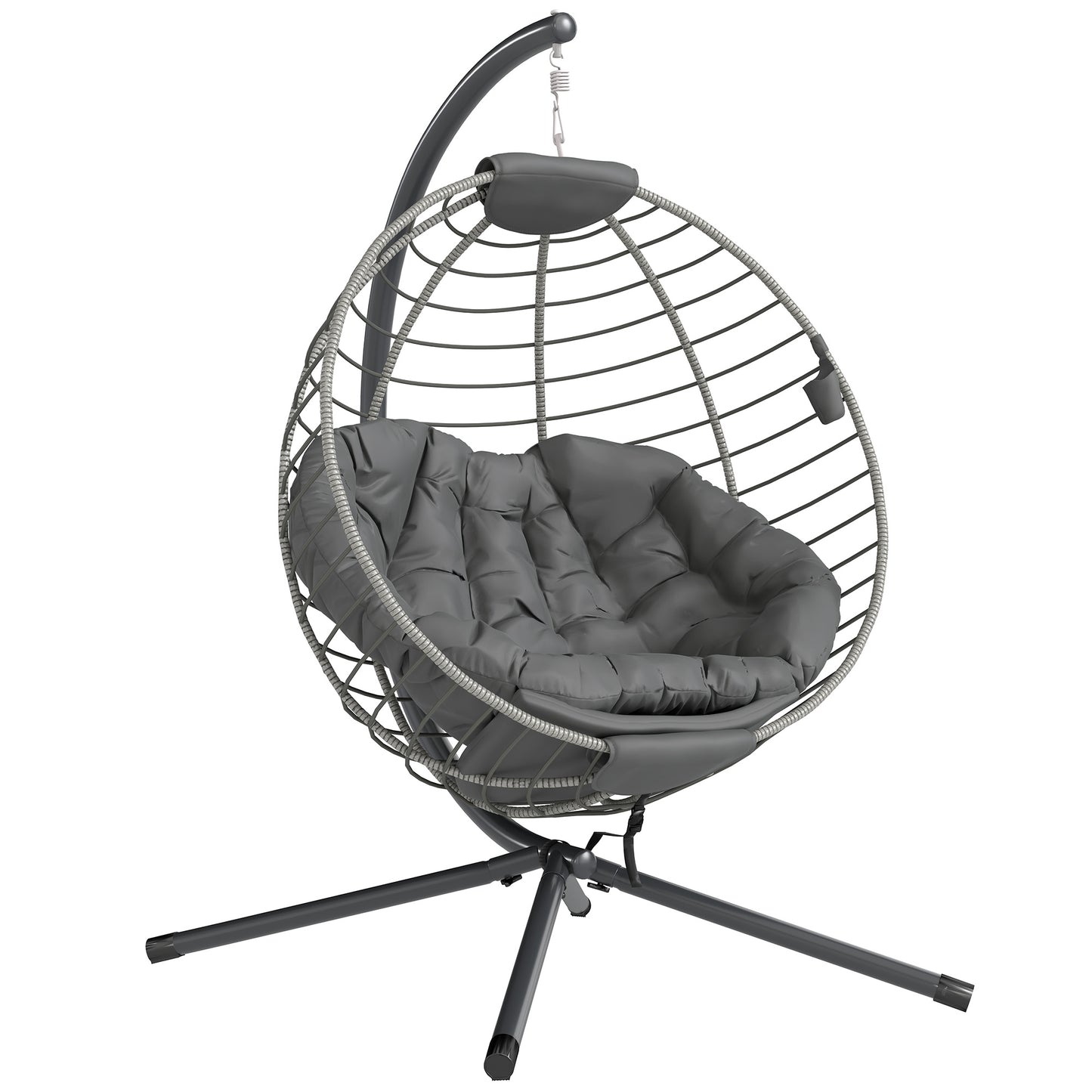Outsunny PE Rattan Swing Chair, Outdoor Hanging Chair with Metal Stand, Thick Padded Cushion, Foldable Basket and Cup Holder, for Indoor and Outdoor, Grey