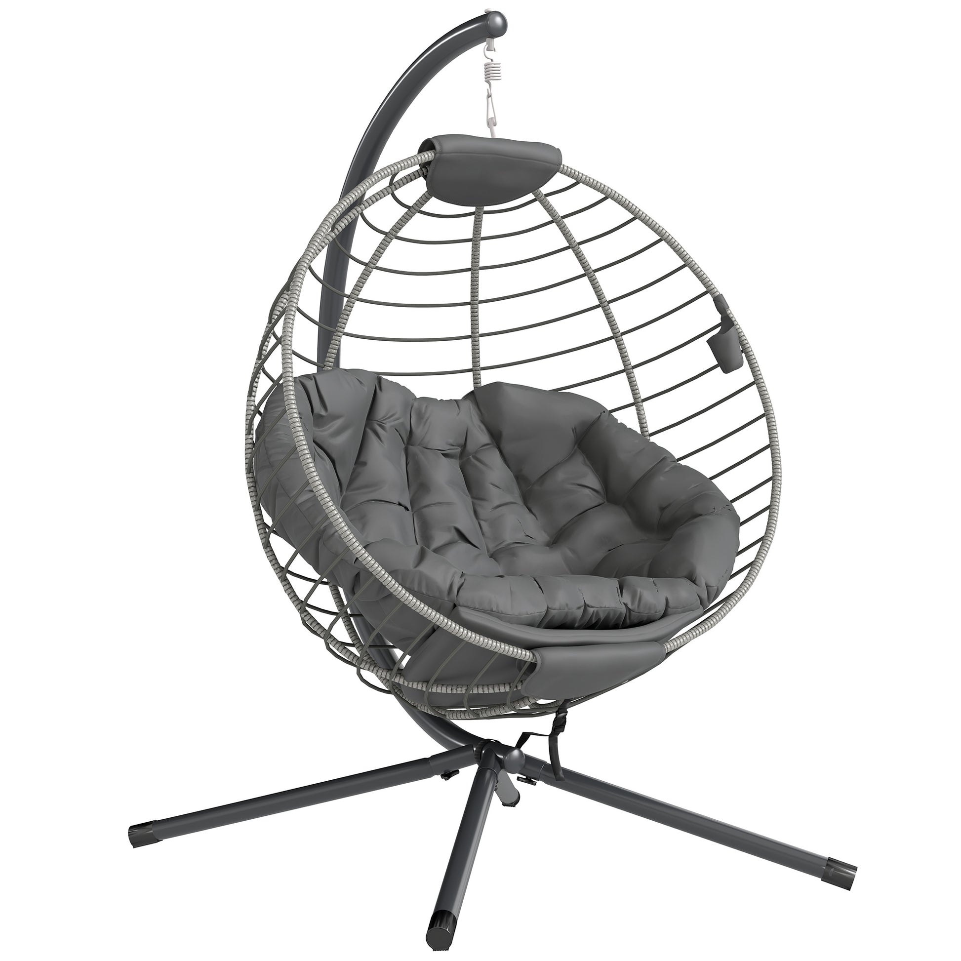 Outsunny PE Rattan Swing Chair, Outdoor Hanging Chair with Metal Stand, Thick Padded Cushion, Foldable Basket and Cup Holder, for Indoor and Outdoor, Grey