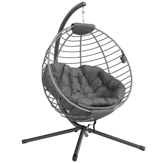 Outsunny PE Rattan Swing Chair, Outdoor Hanging Chair with Metal Stand, Thick Padded Cushion, Foldable Basket and Cup Holder, for Indoor and Outdoor, Grey