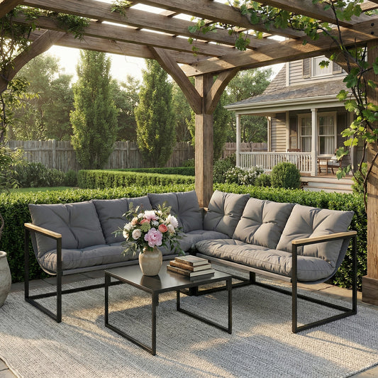 Marbella 4 Piece Garden Furniture Set with Thick Cushions and Coffee Table, Patio Conversation Set for Porch