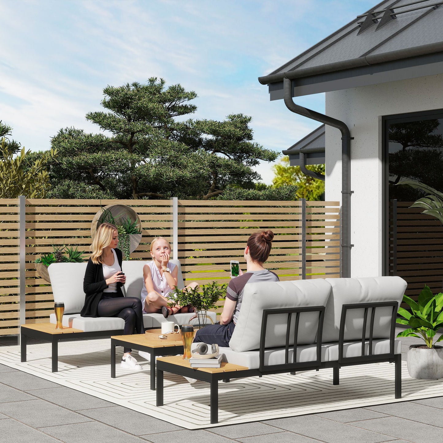 Ibiza Four-Piece Garden Corner Sofa Set with 2 Loveseats and 2 Coffee Tables - Teak