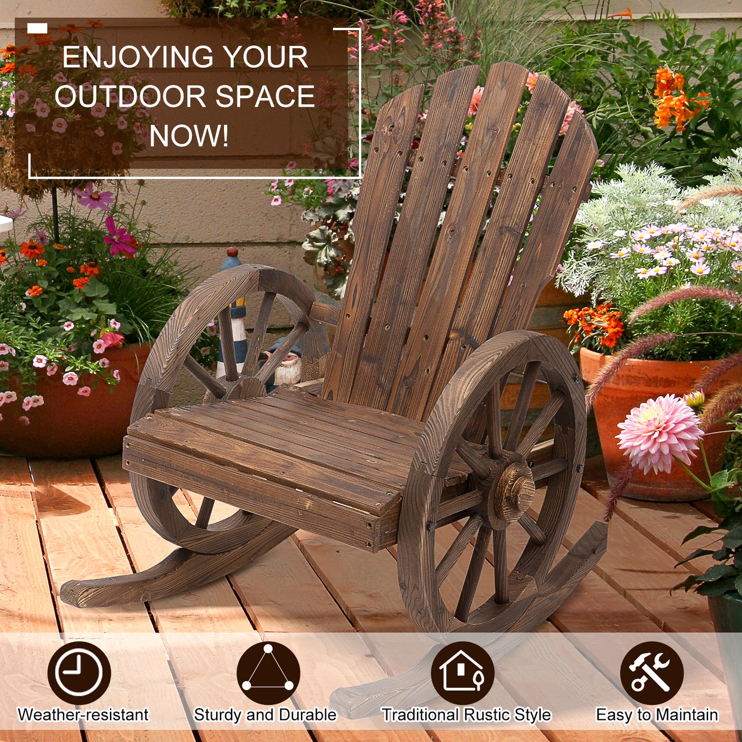 Outsunny 2 Piece Wooden Adirondack Rocking Chair Reclining Armchair Outdoor Garden Furniture Patio Porch Rocker - Carbonized Wood Colour