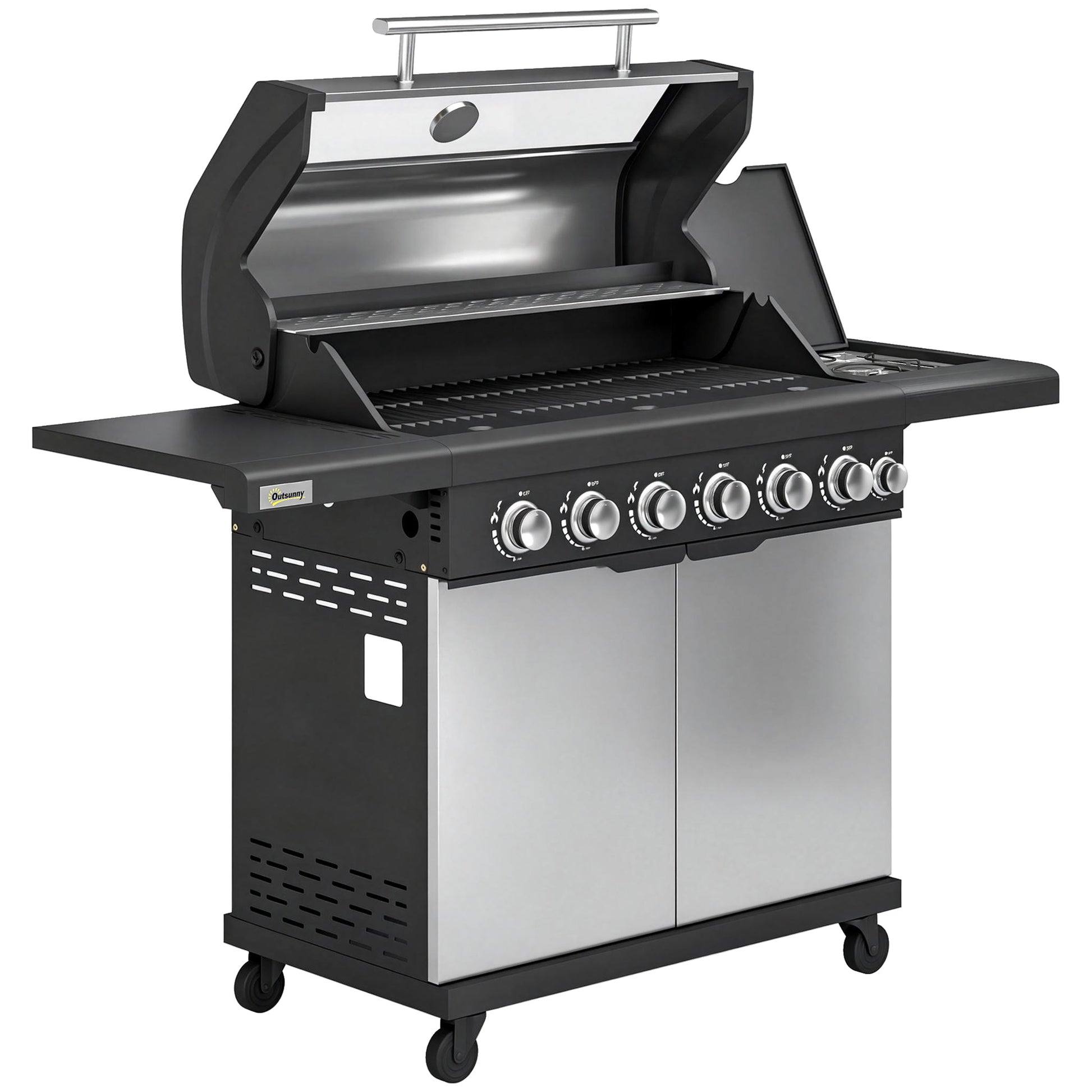 Outsunny 6+1 Burner Gas BBQ Grill, Outdoor Barbecue Trolley with Wheels, Warming Rack, Thermometer, Bottle Opener, Silver Tone