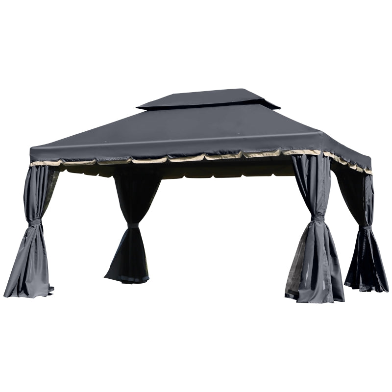 Black 3m x 4m Aluminium Gazebo – Outdoor Garden Pavilion with Double Tier Roof, Curtains and Insect Netting