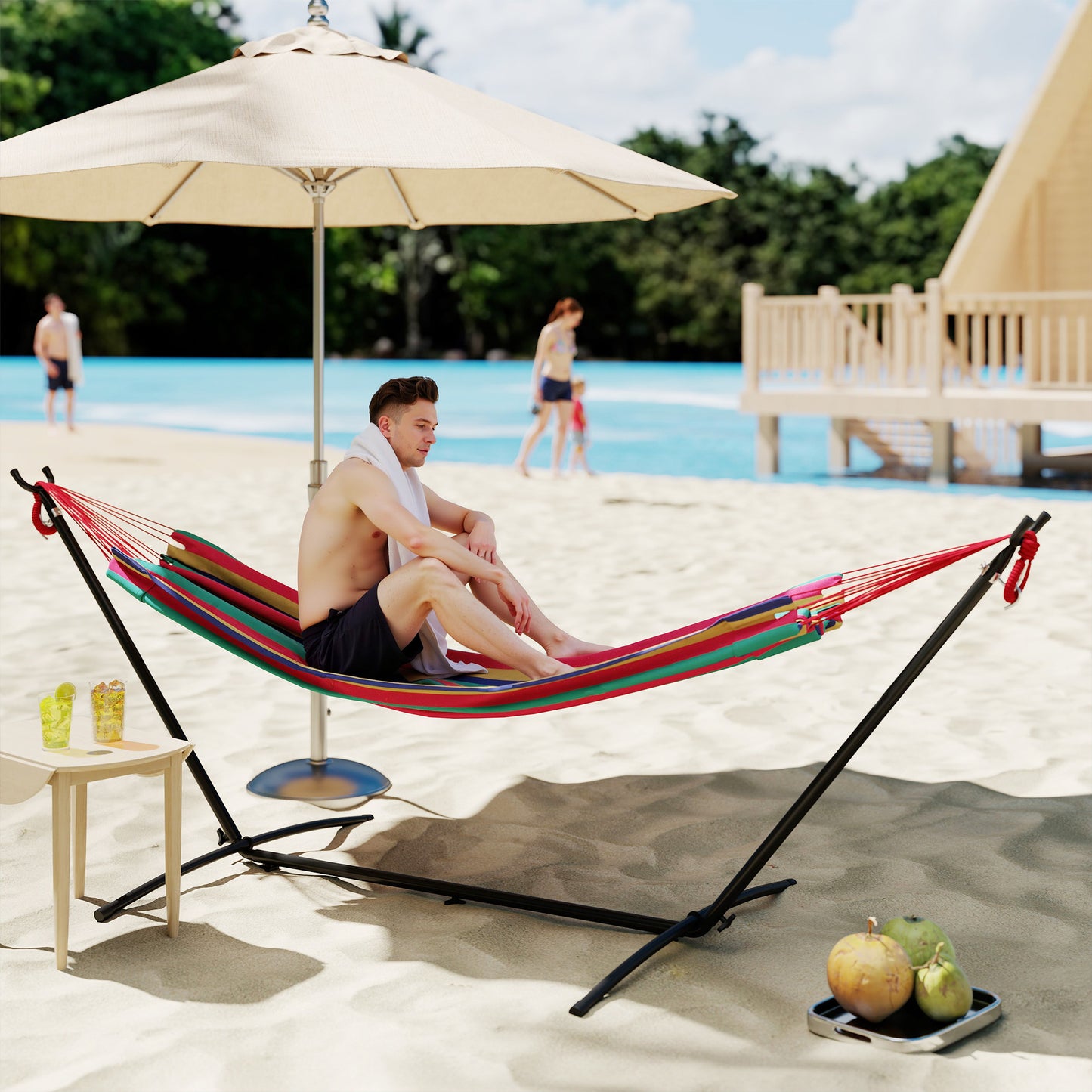 298 x 117cm Hammock with Stand Camping Hammock with Portable Carrying Bag, Adjustable Height, 120kg Load Capacity, Multicolour