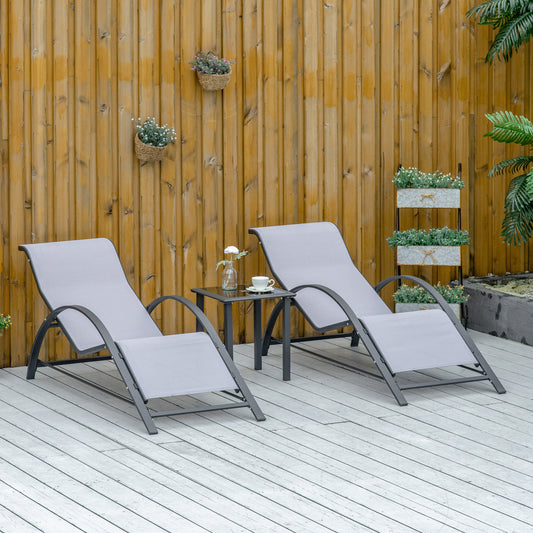 Capri 3 Piece Lounge Chair Set Metal Frame Garden Outdoor Recliner Sunbathing Chair with Table, Light Grey