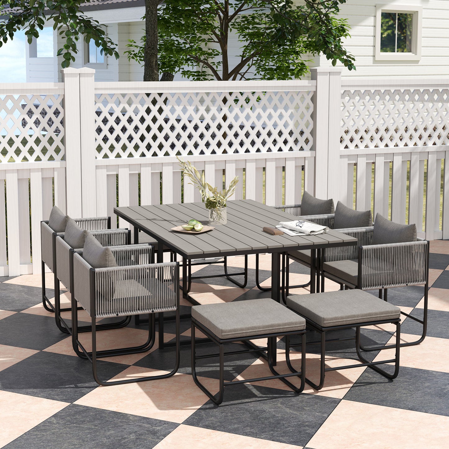 10 Seater Rattan Cube Garden Furniture Set, Rattan Dining Set with Cushions, Garden Dining Table and Chairs with 6 Armchairs, 4 Stools,