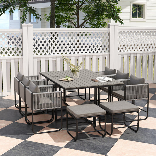 10 Seater Rattan Cube Garden Furniture Set, Rattan Dining Set with Cushions, Garden Dining Table and Chairs with 6 Armchairs, 4 Stools,