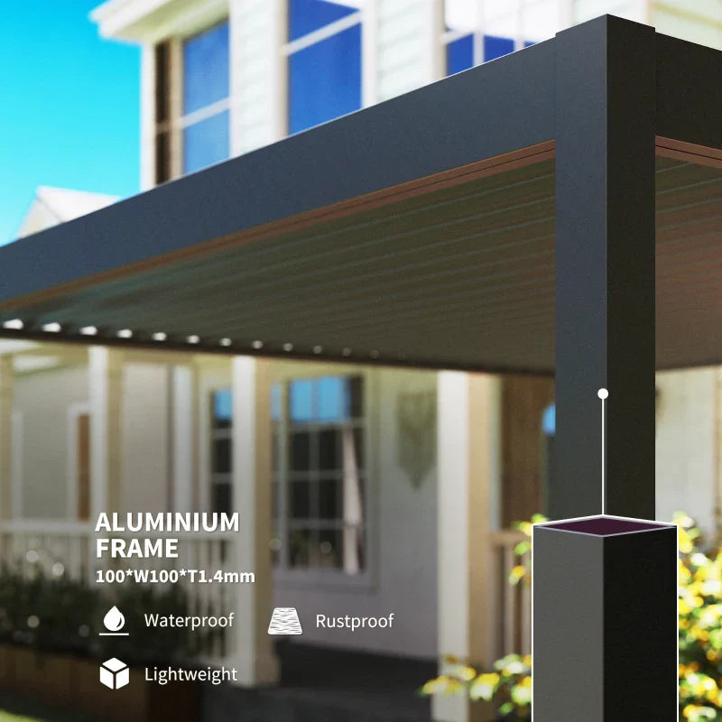 3m x 3m Dark Grey Motorised Aluminium Pergola with Remote – Controlled Louvered Roof, LED Lighting & Integrated Rainwater Drainage System