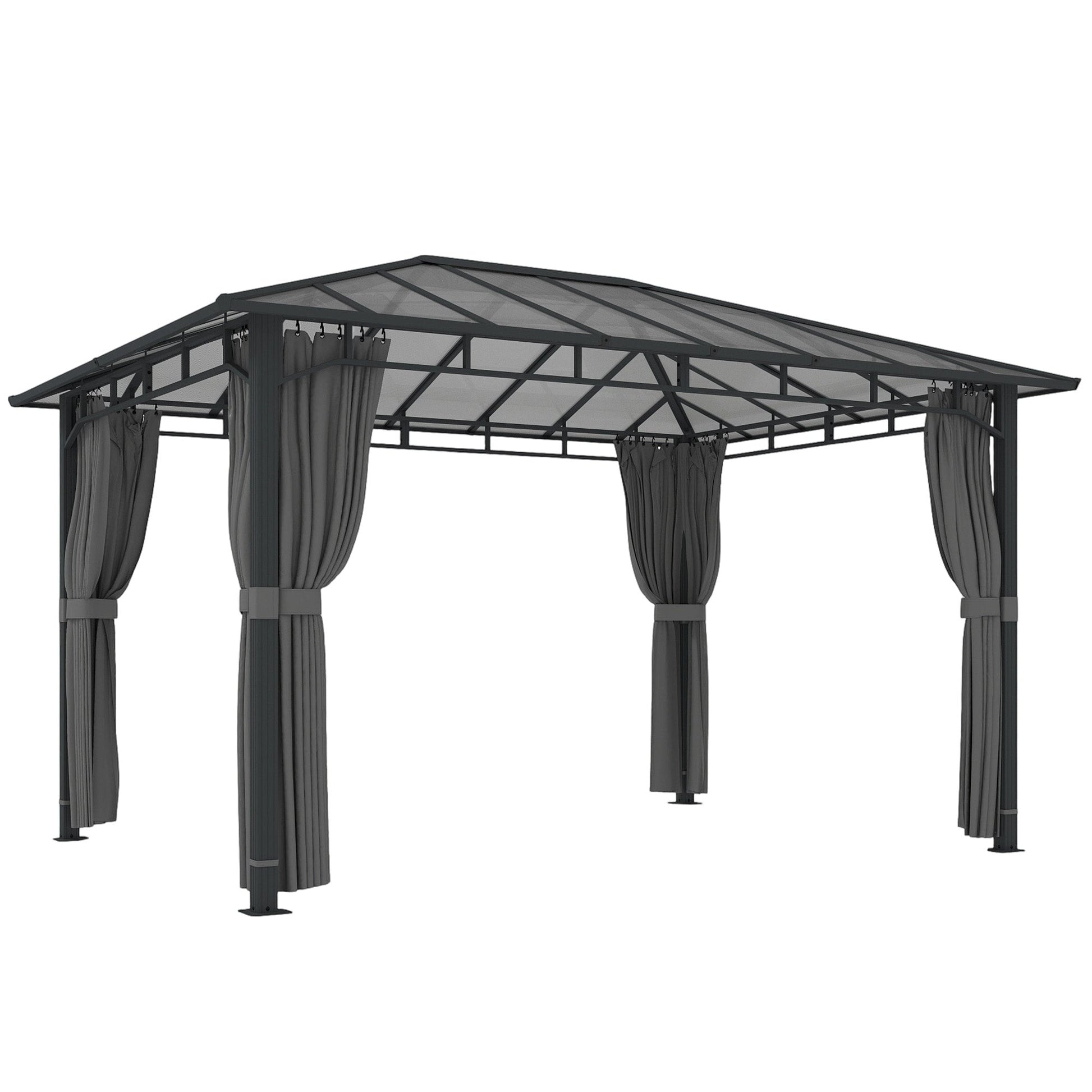 3m x 4m Hardtop Gazebo with 6mm Polycarbonate Roof, Aluminium Permanent Garden Pavilion with Curtains, Dark Grey Outdoor Patio Canopy for Sun, Rain...