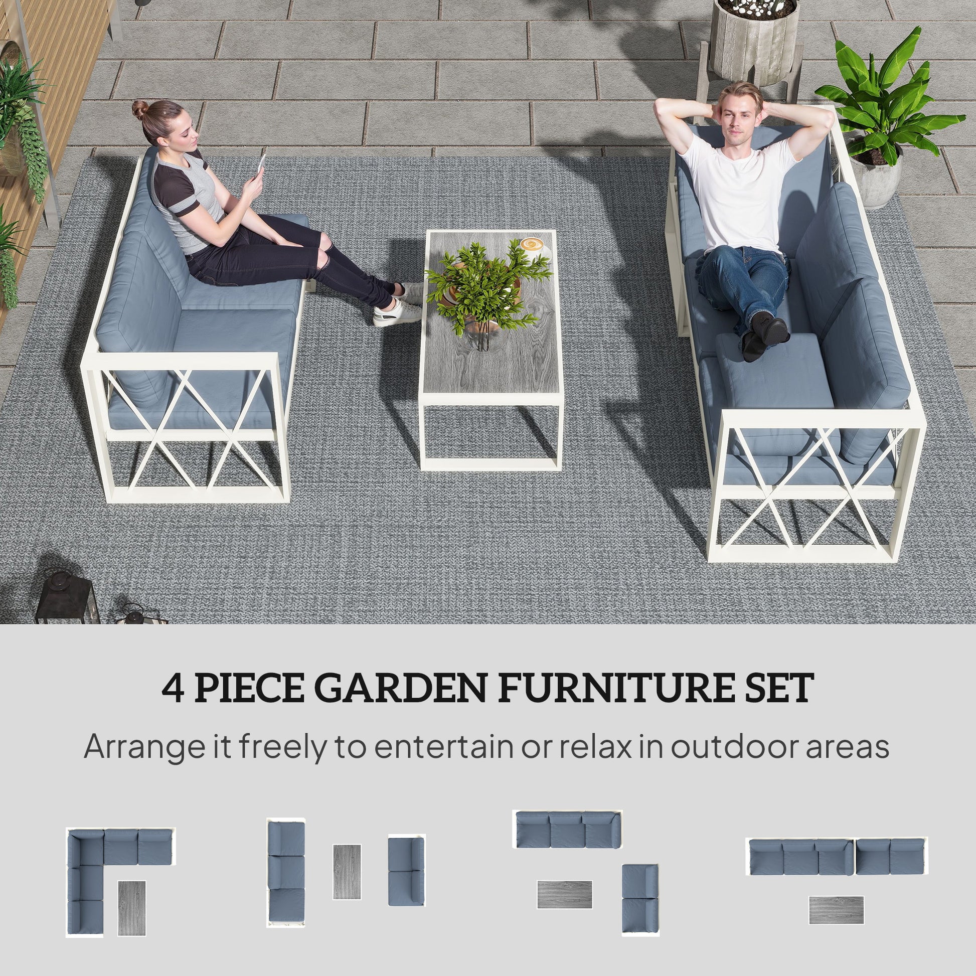 Outsunny Four-Piece L Shaped Garden Furniture Set with 5-Level Adjustable Lounger - Grey