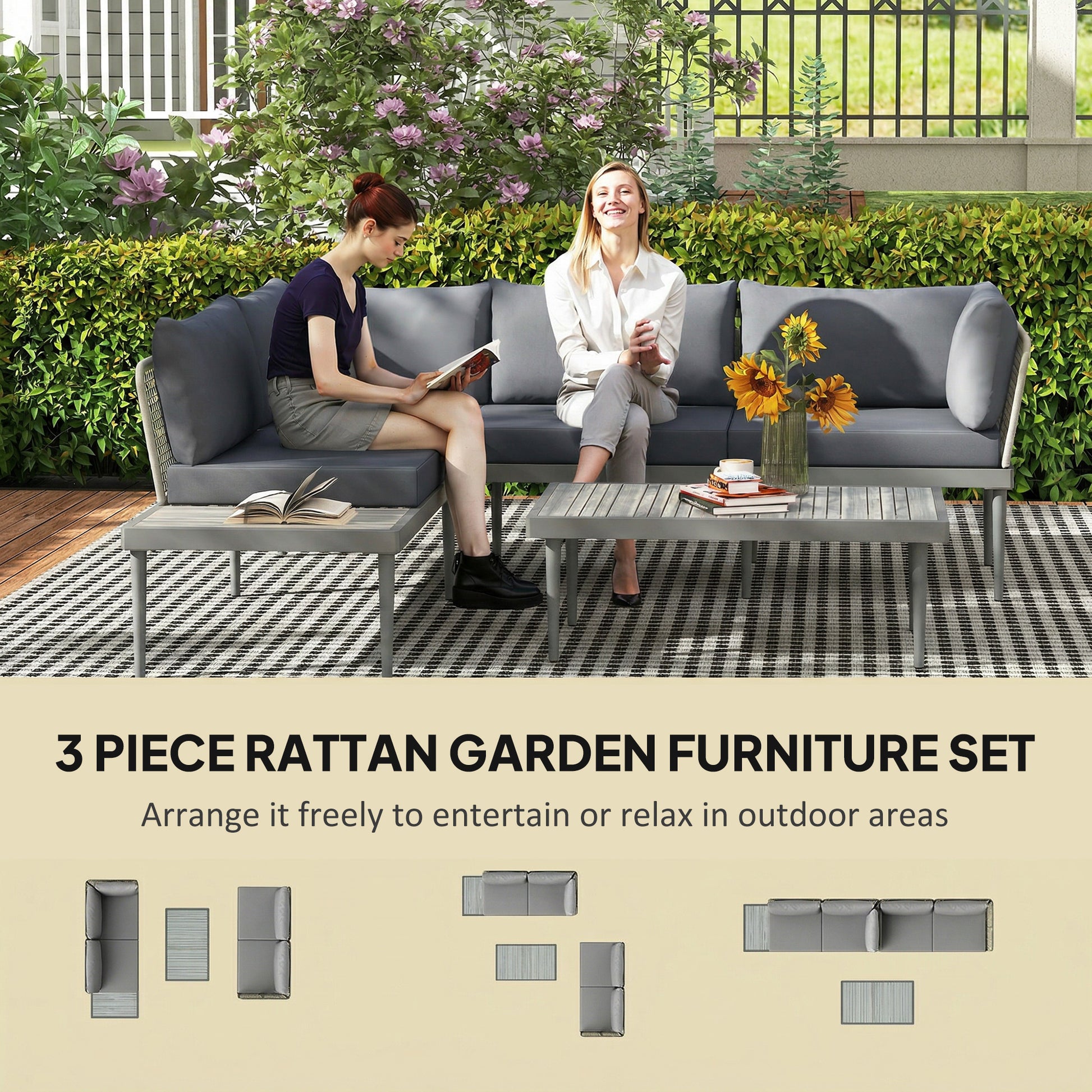 Outsunny Thee-Piece 'L' Rattan Sofa Set - Grey
