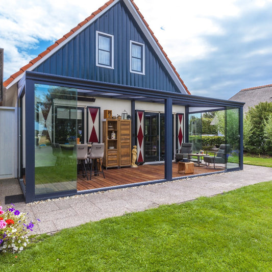 Deponti Bosco Aluminium Pergola Veranda Grey - Front Right View Attached to the House