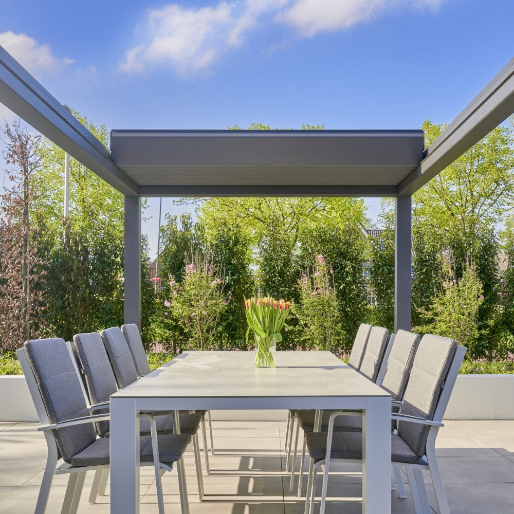Deponti Pinela Deluxe Electric Retractable Aluminium Pergola - Open Roof with Dining Table
