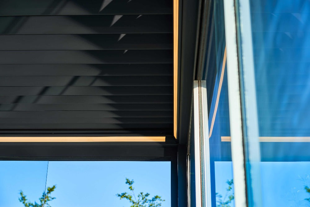 Deponti Pinela Deluxe Electric Retractable Aluminium Pergola - Roof and Led Strip Close-up
