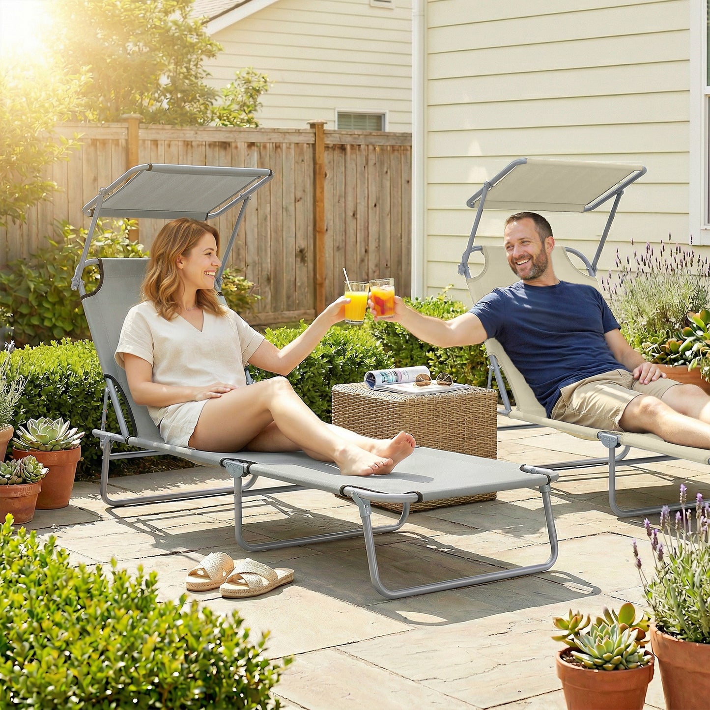 Folding Sun Lounger with Canopy, Reclining Sunbed with 4-Position Adjustable Backrest, 600D Oxford Cloth, Portable Garden Lounger Recliner Chair