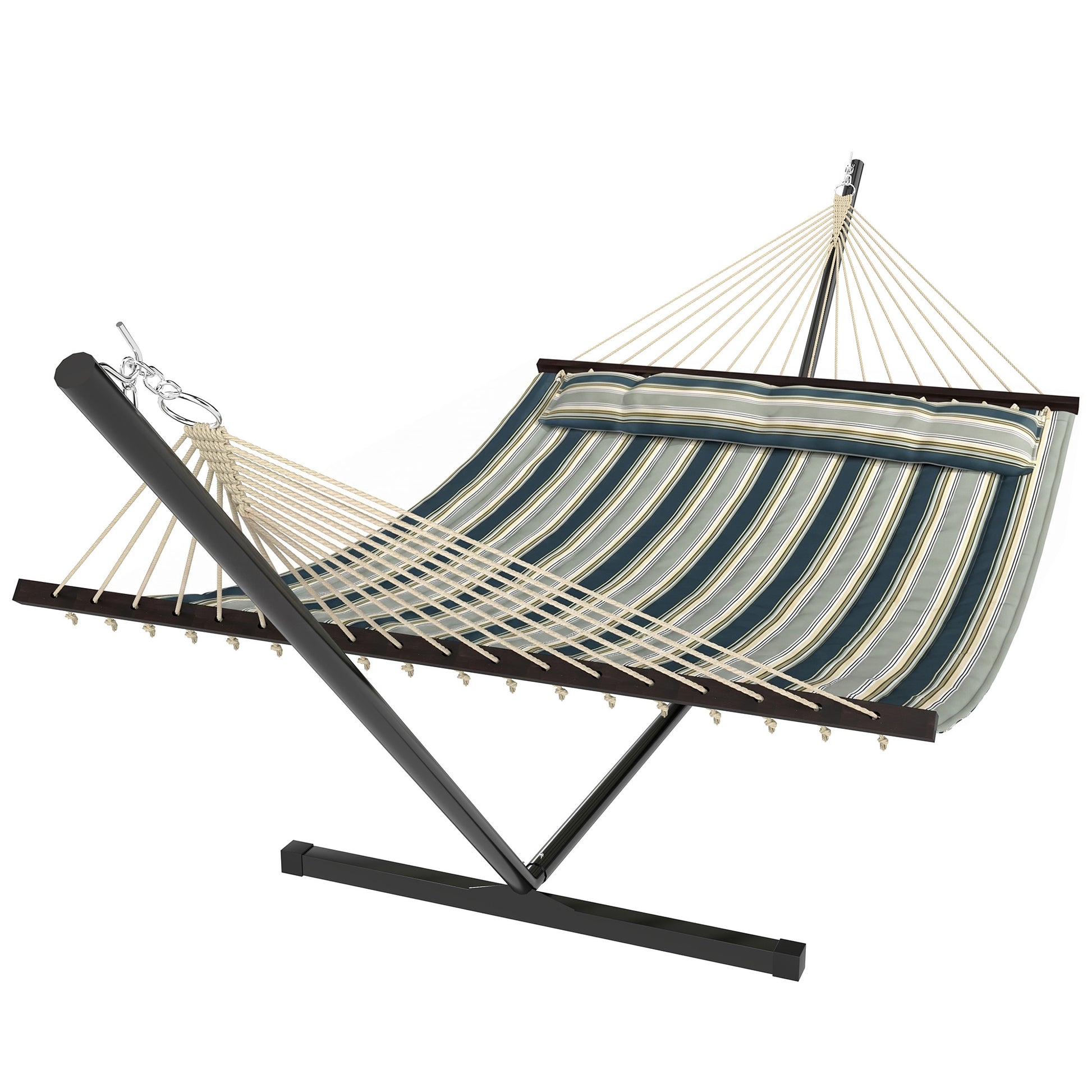 Outsunny Outdoor Hammock with Stand Detachable Pillow Striped Swing Steel Frame, for Garden, Patio, Green