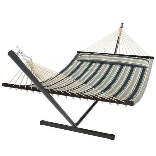 Outsunny Outdoor Hammock with Stand Detachable Pillow Striped Swing Steel Frame, for Garden, Patio, Green