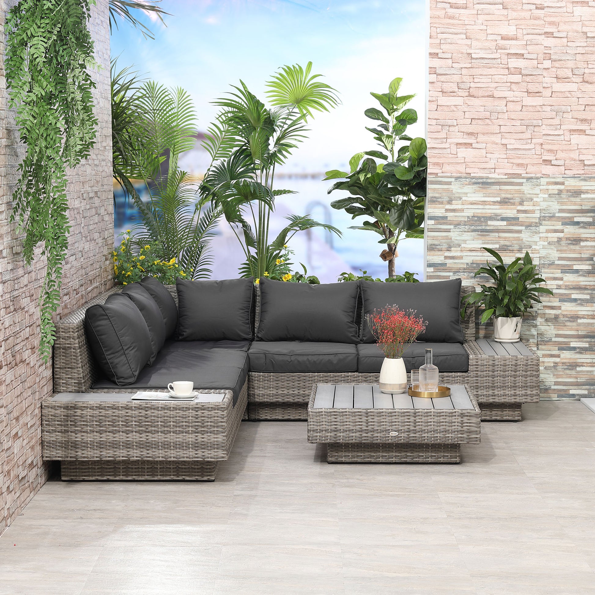 Riviera 4 PCs Rattan Garden Furniture Outdoor Sectional Corner Sofa and Coffee Table Set Conservatory Wicker Weave