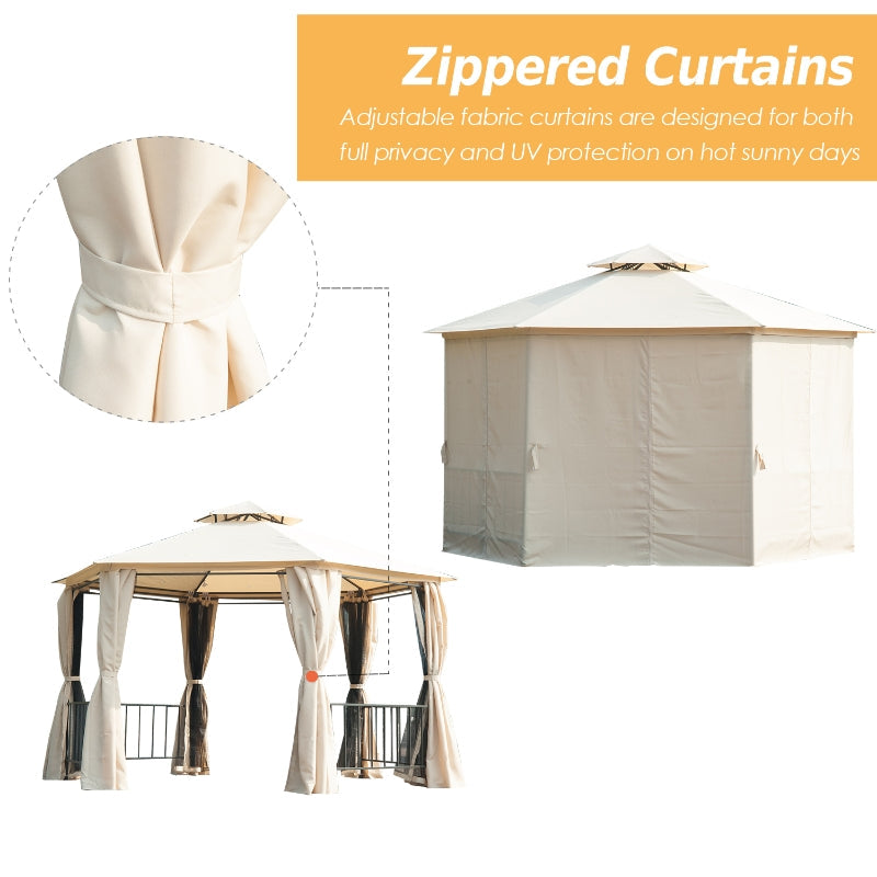 3m x 3m Beige Hexagonal Garden Gazebo with Curtains, Mesh Netting & Double-Tier Canopy